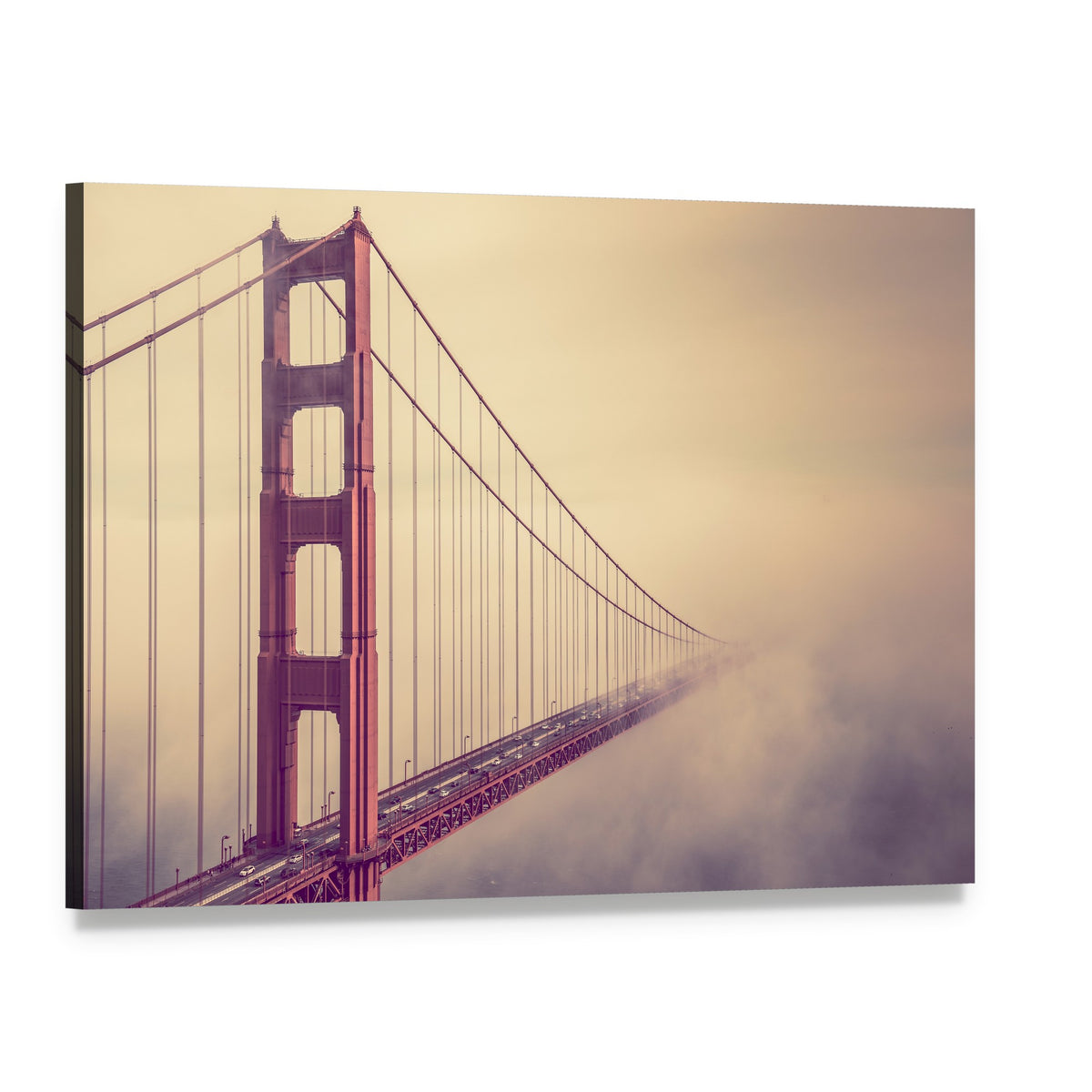 Foggy Red Suspension Bridge Canvas Wall Art, single panel gallery wrapped canvas, angled product view