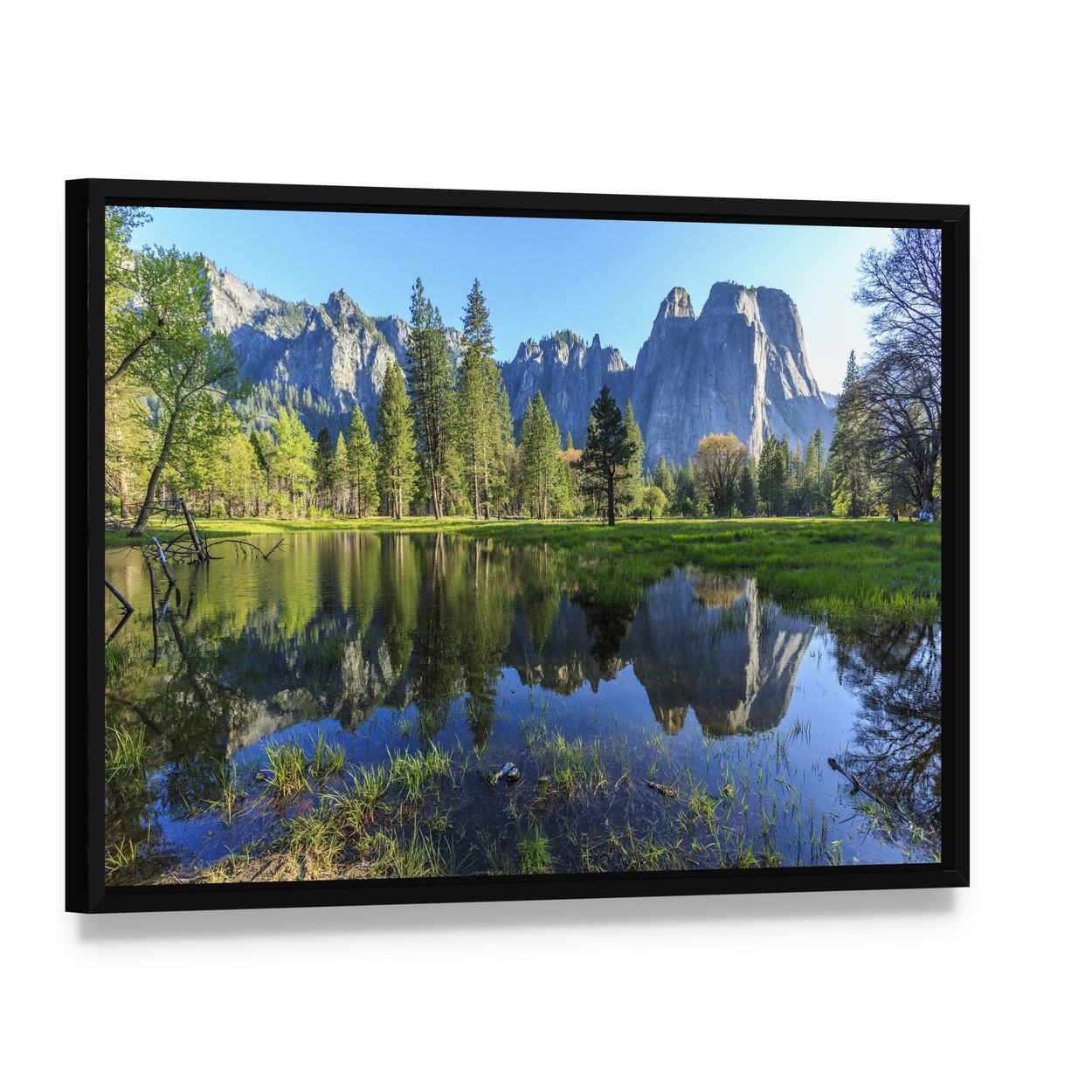 Serene Lake in Yosemite with Mountains Canvas Wall Art, framed canvas in a black floater frame, angled product view