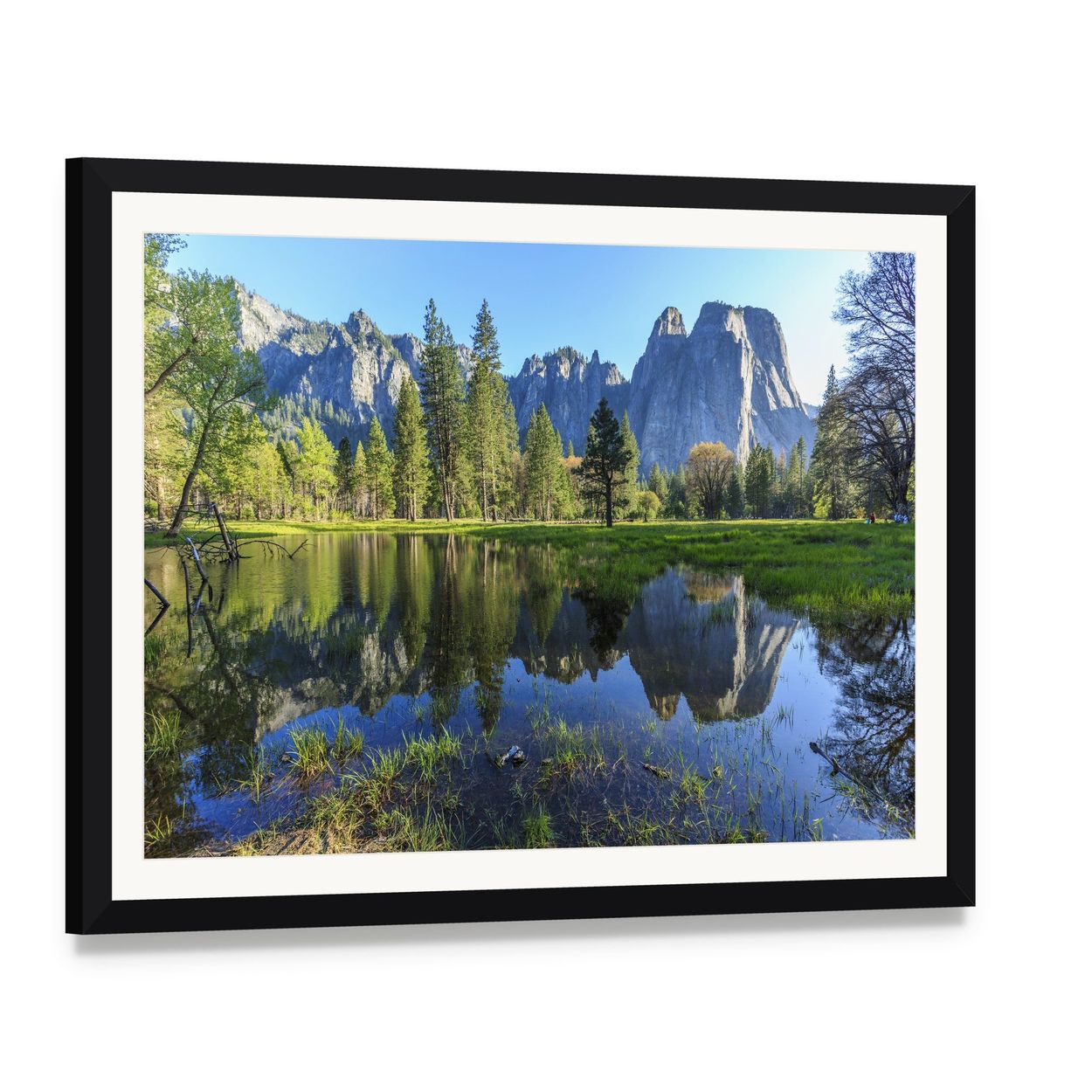 Serene Lake in Yosemite with Mountains Canvas Wall Art, framed print with white mat and black frame, angled product view