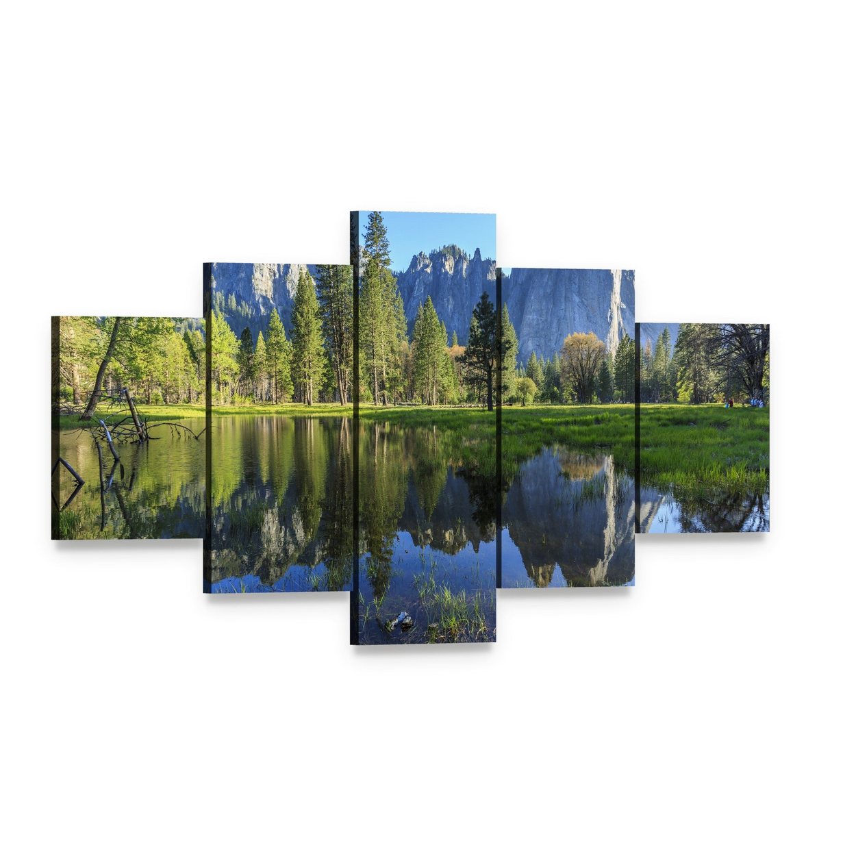 Serene Lake in Yosemite with Mountains Canvas Wall Art, 5 panel 5 Star layout gallery wrapped canvas set, angled product view