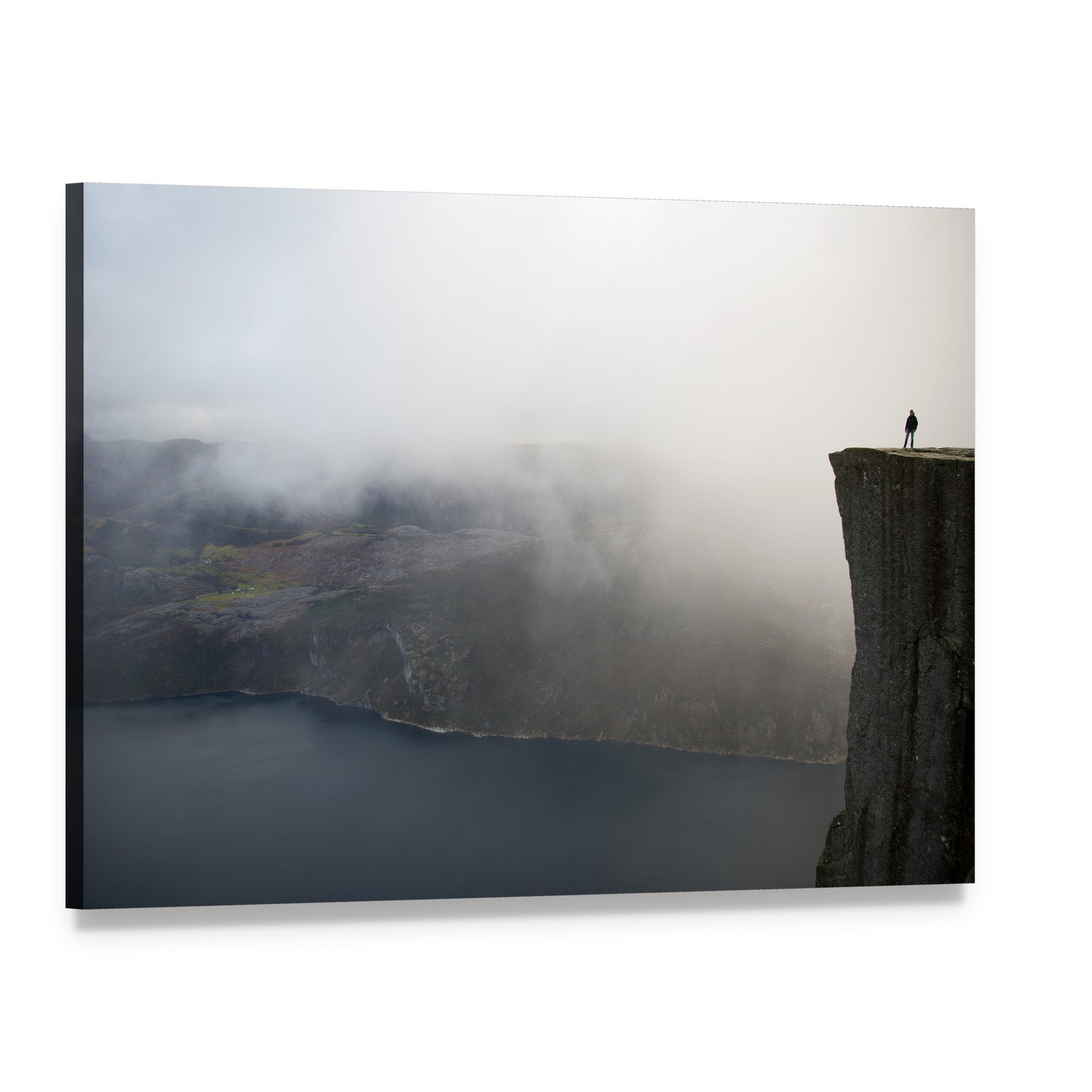 Silhouette on Preikestolen Cliff Canvas Wall Art, single panel gallery wrapped canvas, angled product view