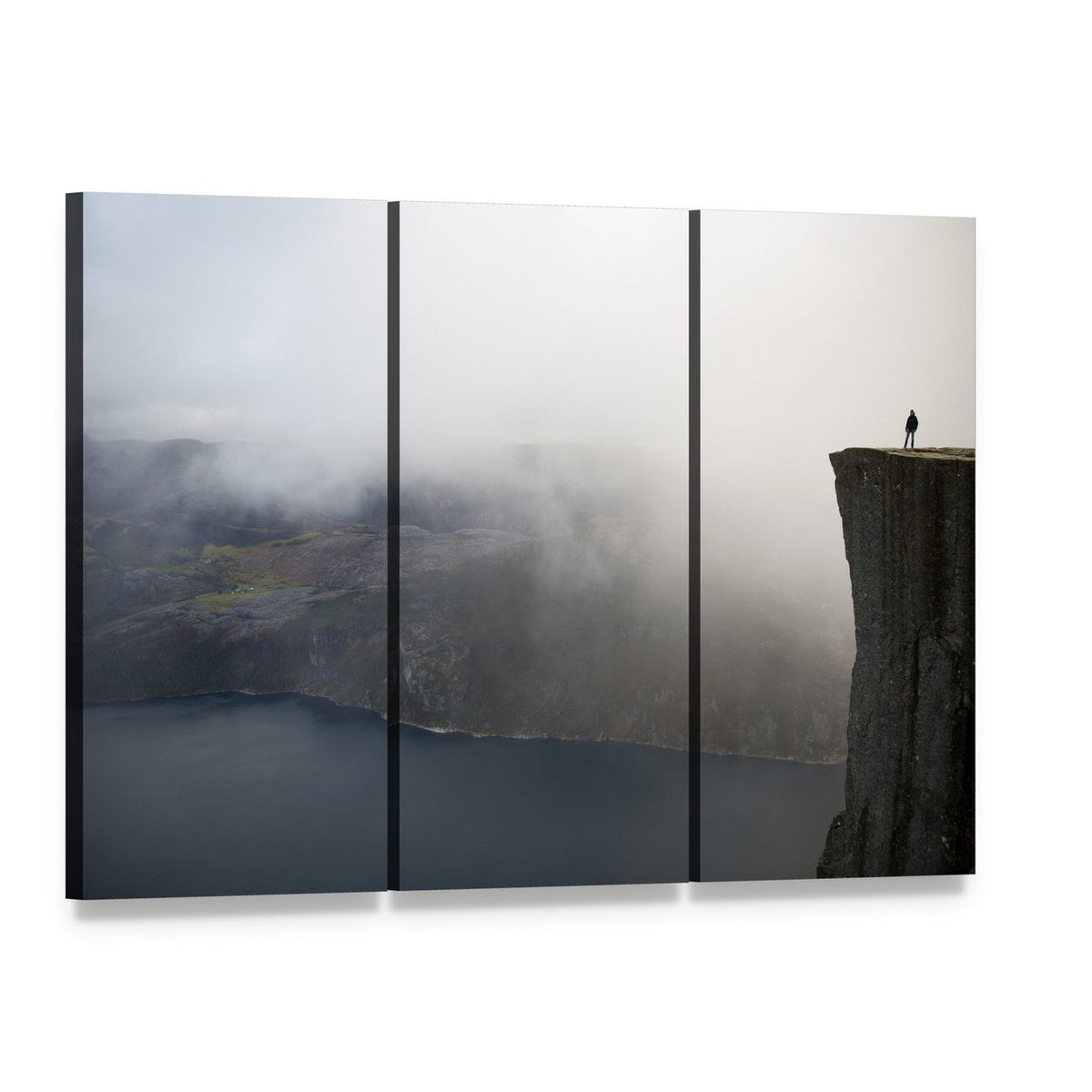 Silhouette on Preikestolen Cliff Canvas Wall Art, 3 panel 3 Horizontal layout gallery wrapped canvas set, angled product view
