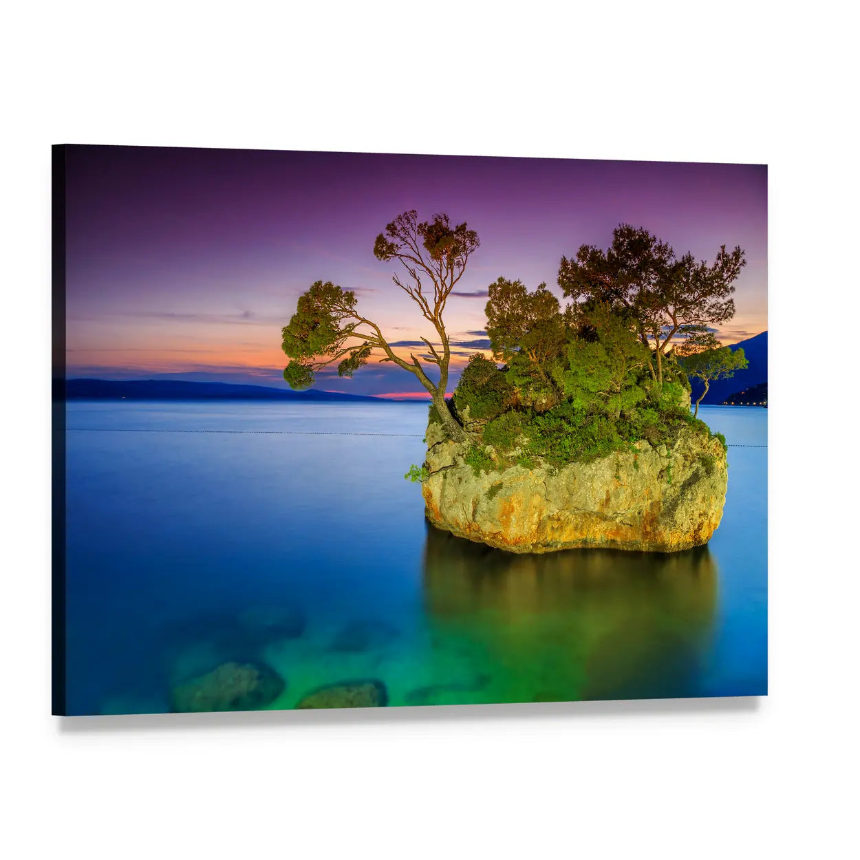 Rocky Island Sunset Landscape Canvas Wall Art, single panel gallery wrapped canvas, angled product view