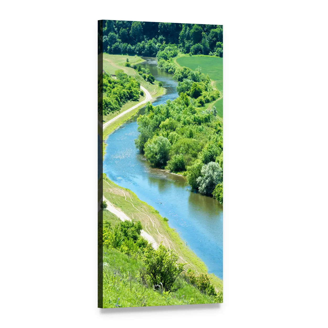 Winding River Through Lush Green Valley Vertical Canvas Wall Art, 1 panel 1 Vertical layout gallery wrapped canvas set, angled product view