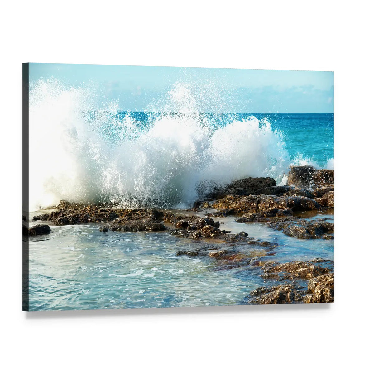 Breaking Ocean Waves on Rocky Shore Canvas Wall Art, single panel gallery wrapped canvas, angled product view