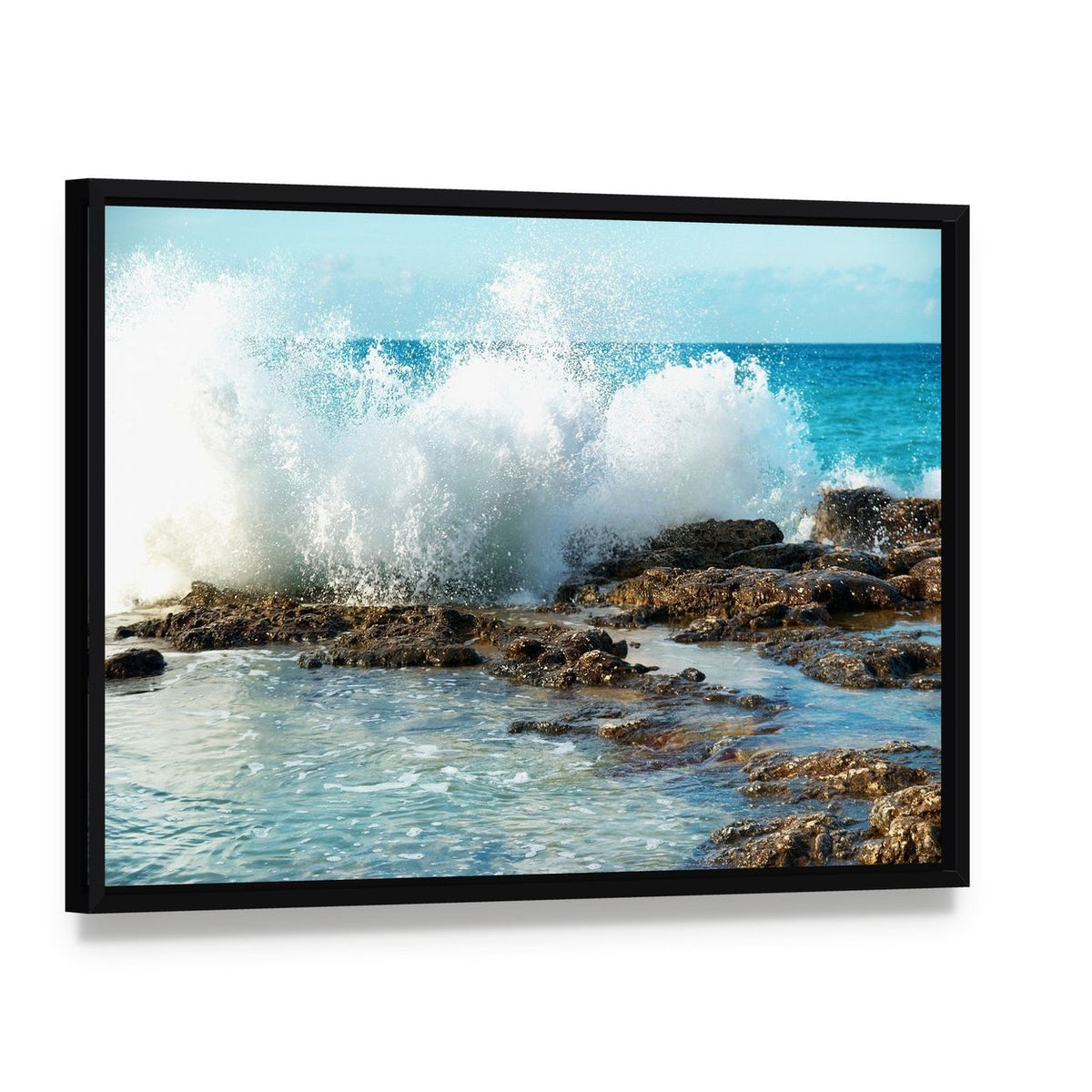Big Breaking Waves Canvas Wall Art, framed canvas in a black floater frame, angled product view