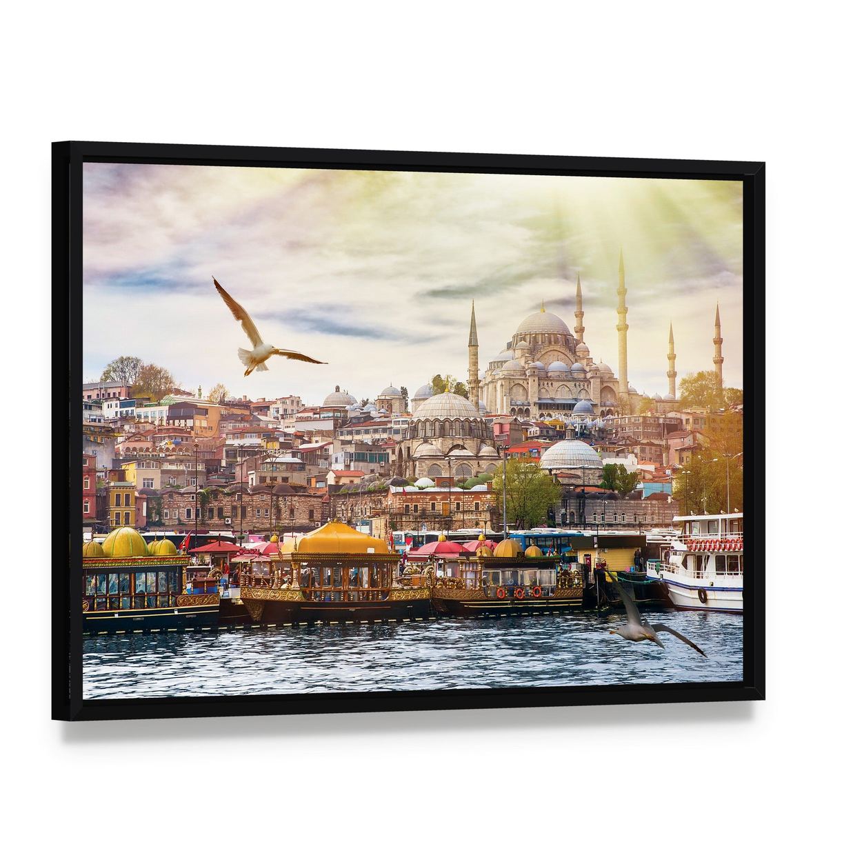 Istanbul Cityscape Canvas Wall Art, framed canvas in a black floater frame, angled product view