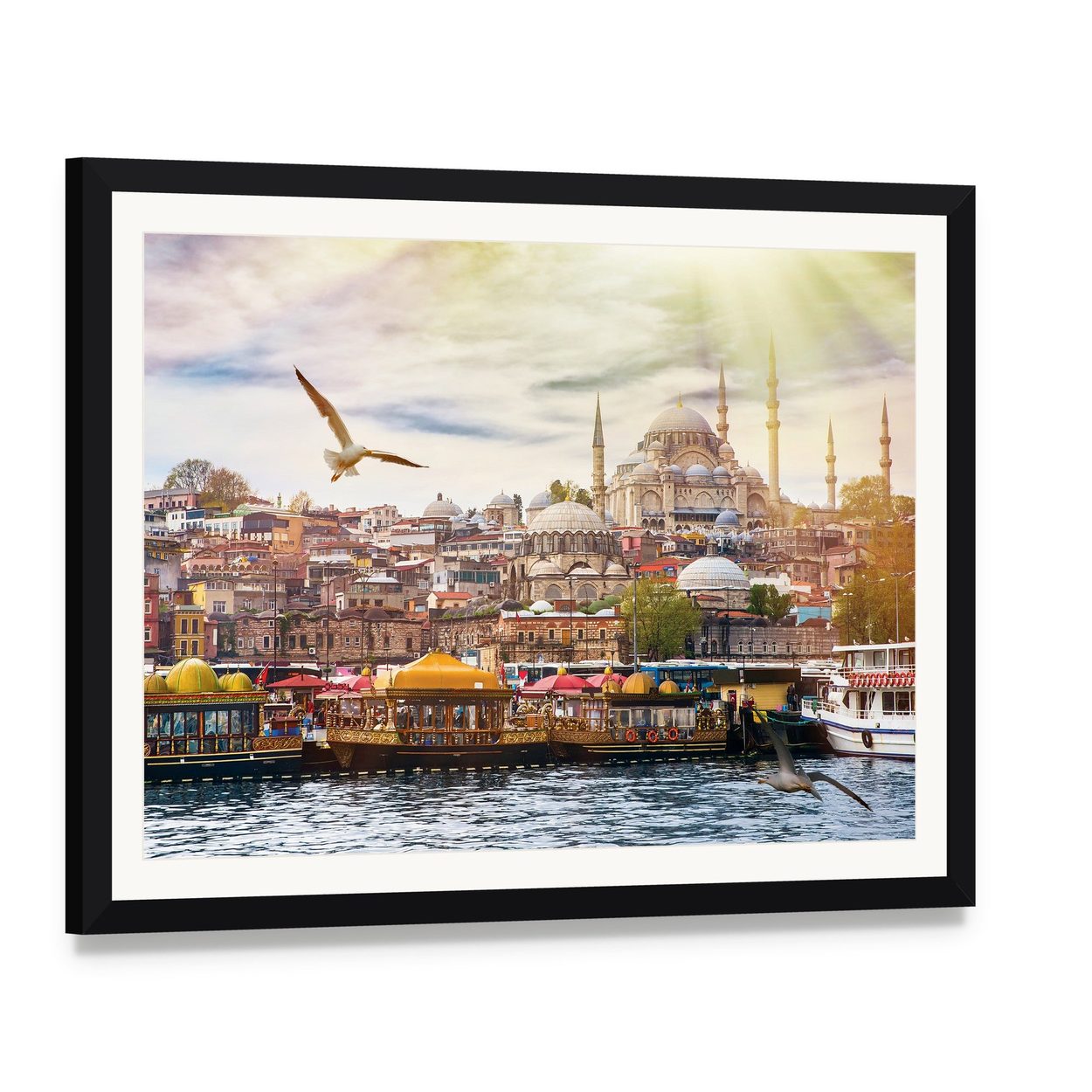 Istanbul Cityscape Canvas Wall Art, framed print with white mat and black frame, angled product view