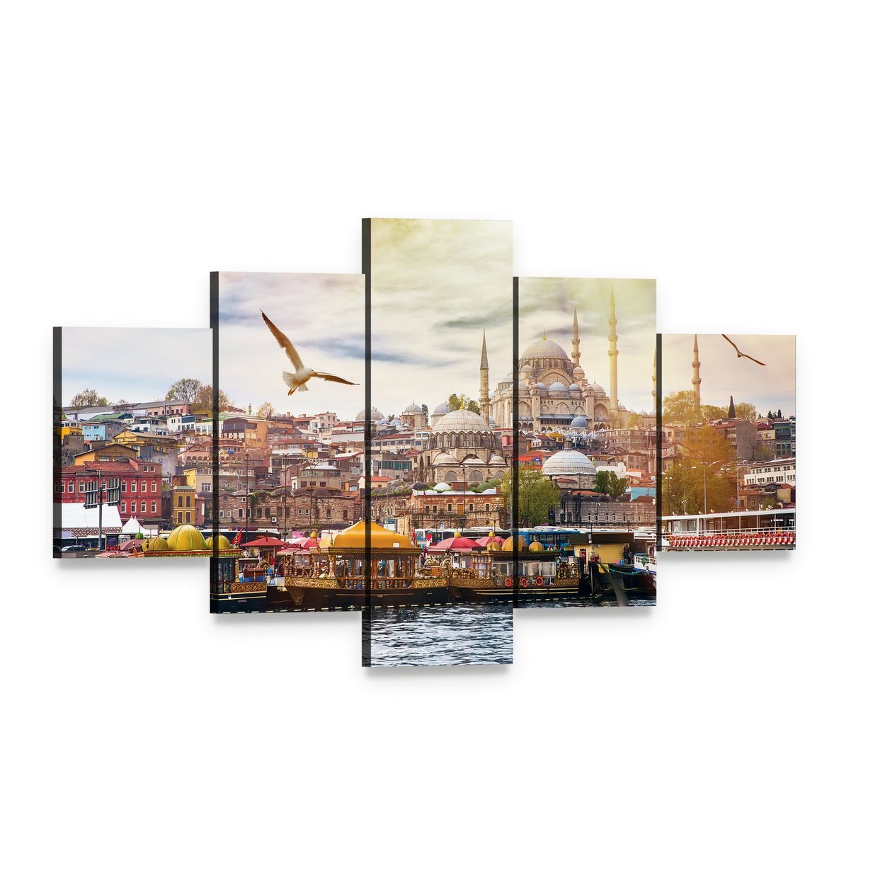 Istanbul Cityscape Canvas Wall Art, 5 panel 5 Star layout gallery wrapped canvas set, angled product view