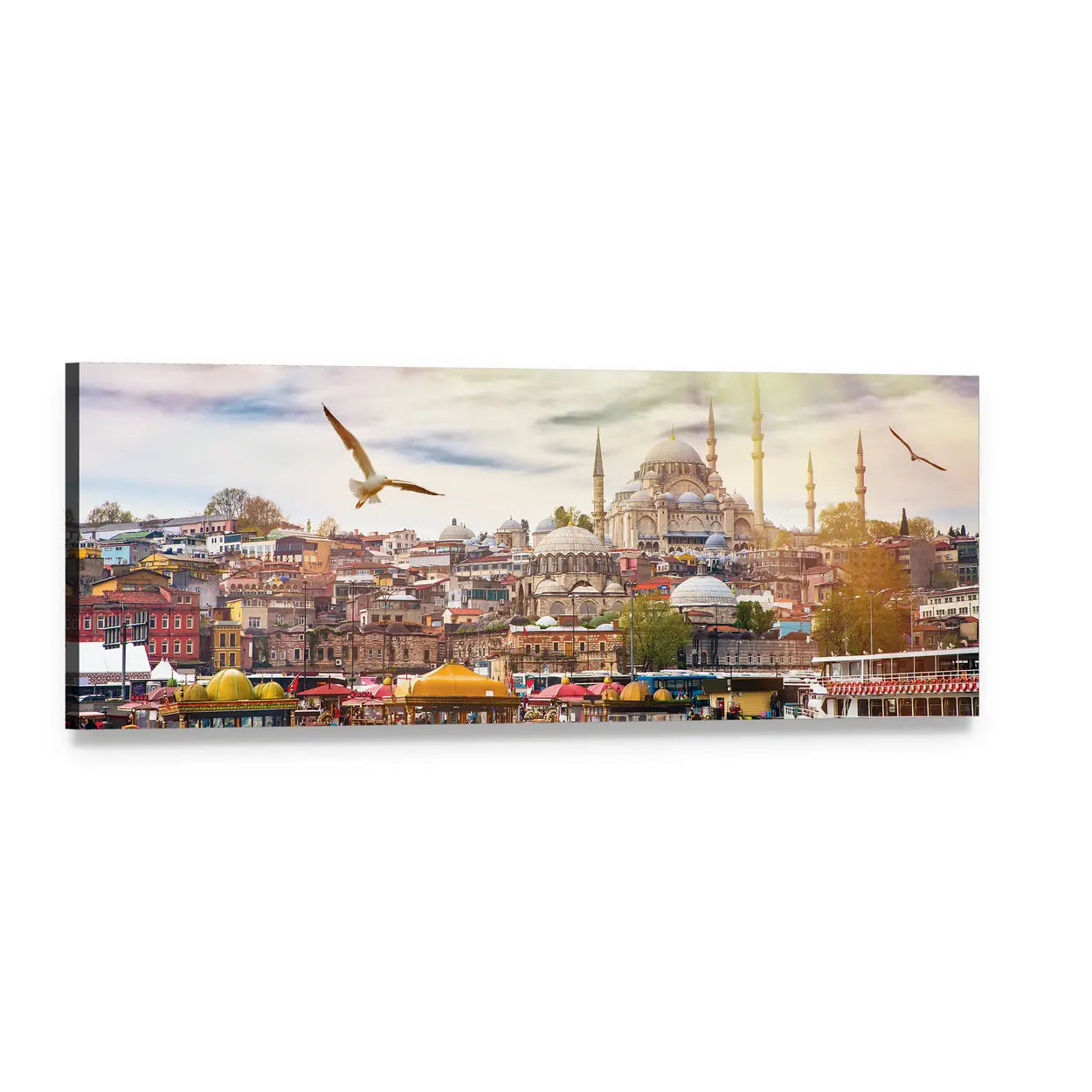 Istanbul City Skyline at Golden Hour Panoramic Canvas Wall Art, single panel gallery wrapped canvas, angled product view