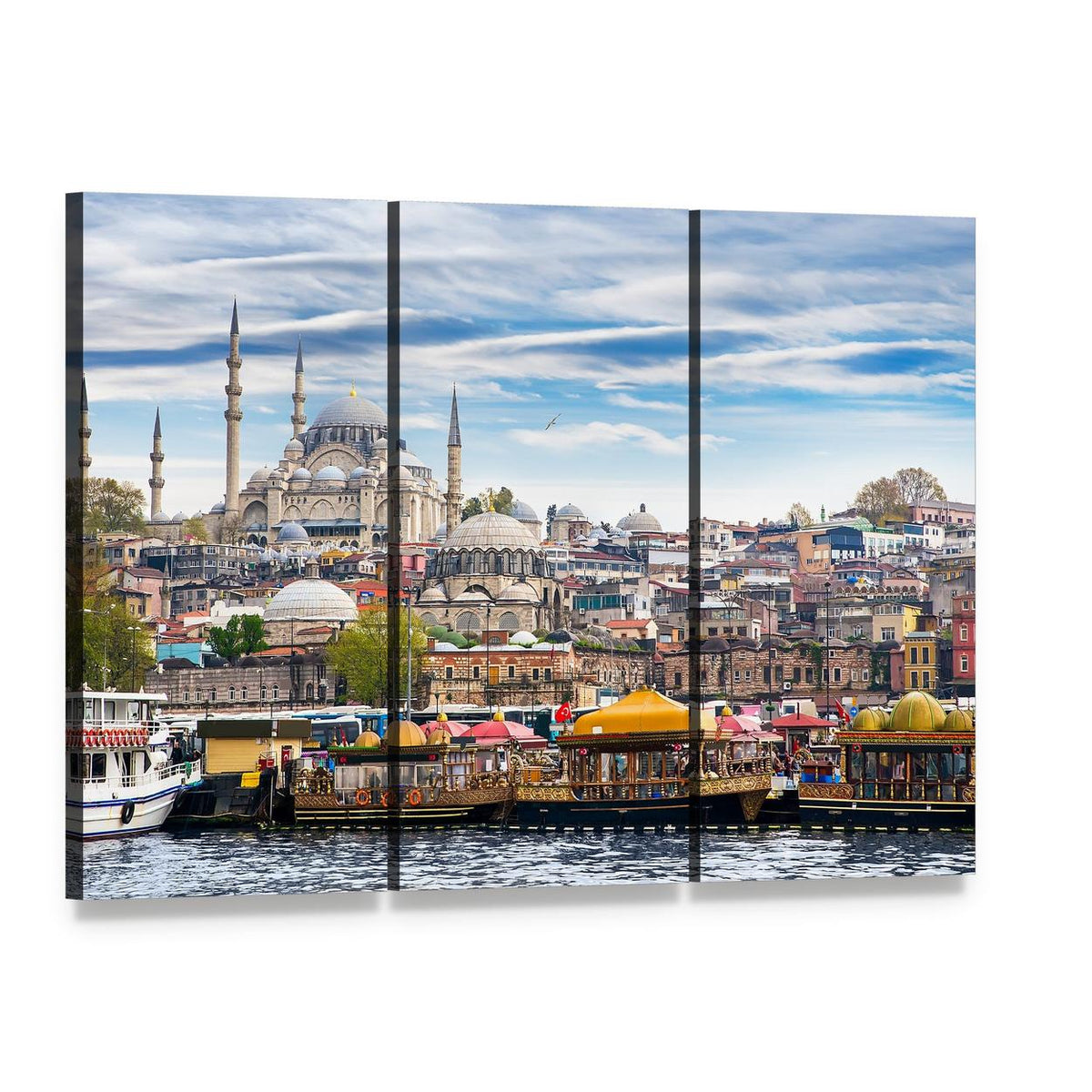 Istanbul Mosque and Ferry Boats Canvas Wall Art, 3 panel 3 Horizontal layout gallery wrapped canvas set, angled product view