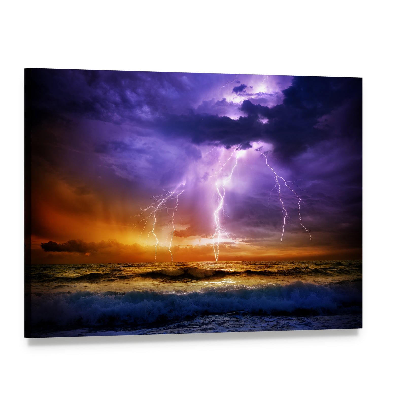 Dramatic Lightning Over Stormy Ocean Canvas Wall Art, single panel gallery wrapped canvas, angled product view