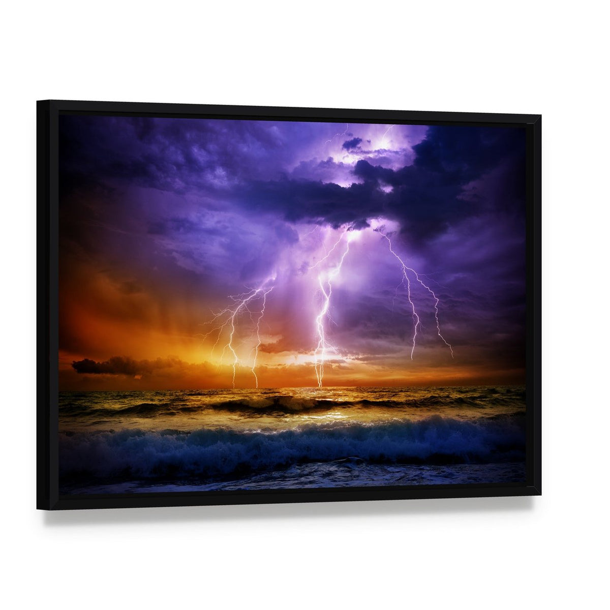 Dramatic Lightning Over Stormy Ocean Canvas Wall Art, framed canvas in a black floater frame, angled product view