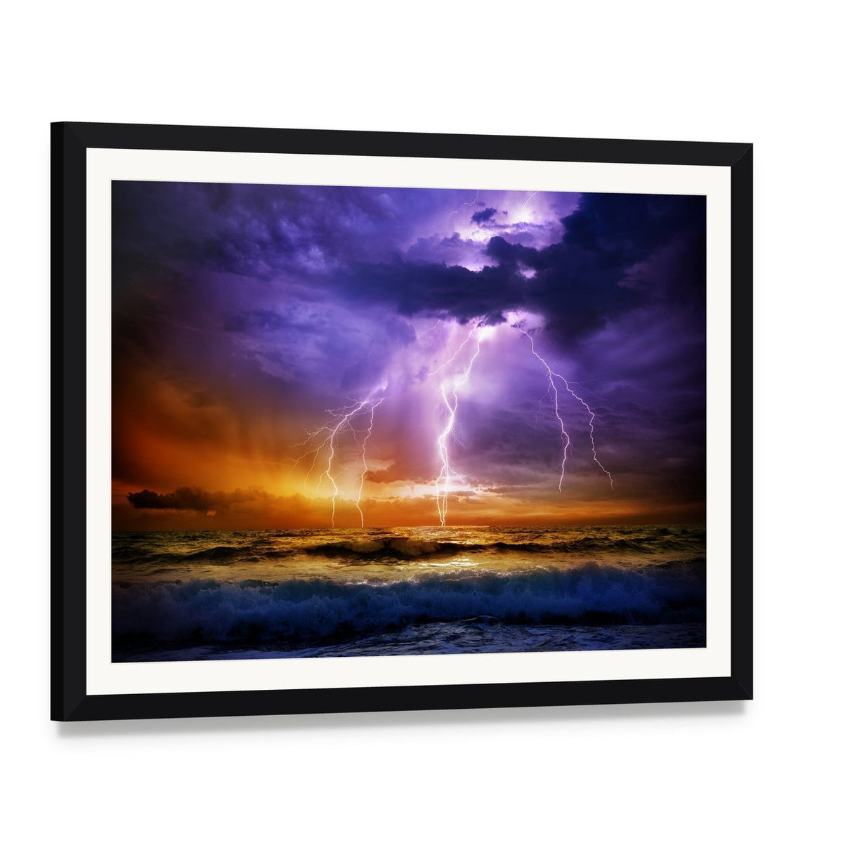 Dramatic Lightning Over Stormy Ocean Canvas Wall Art, framed print with white mat and black frame, angled product view