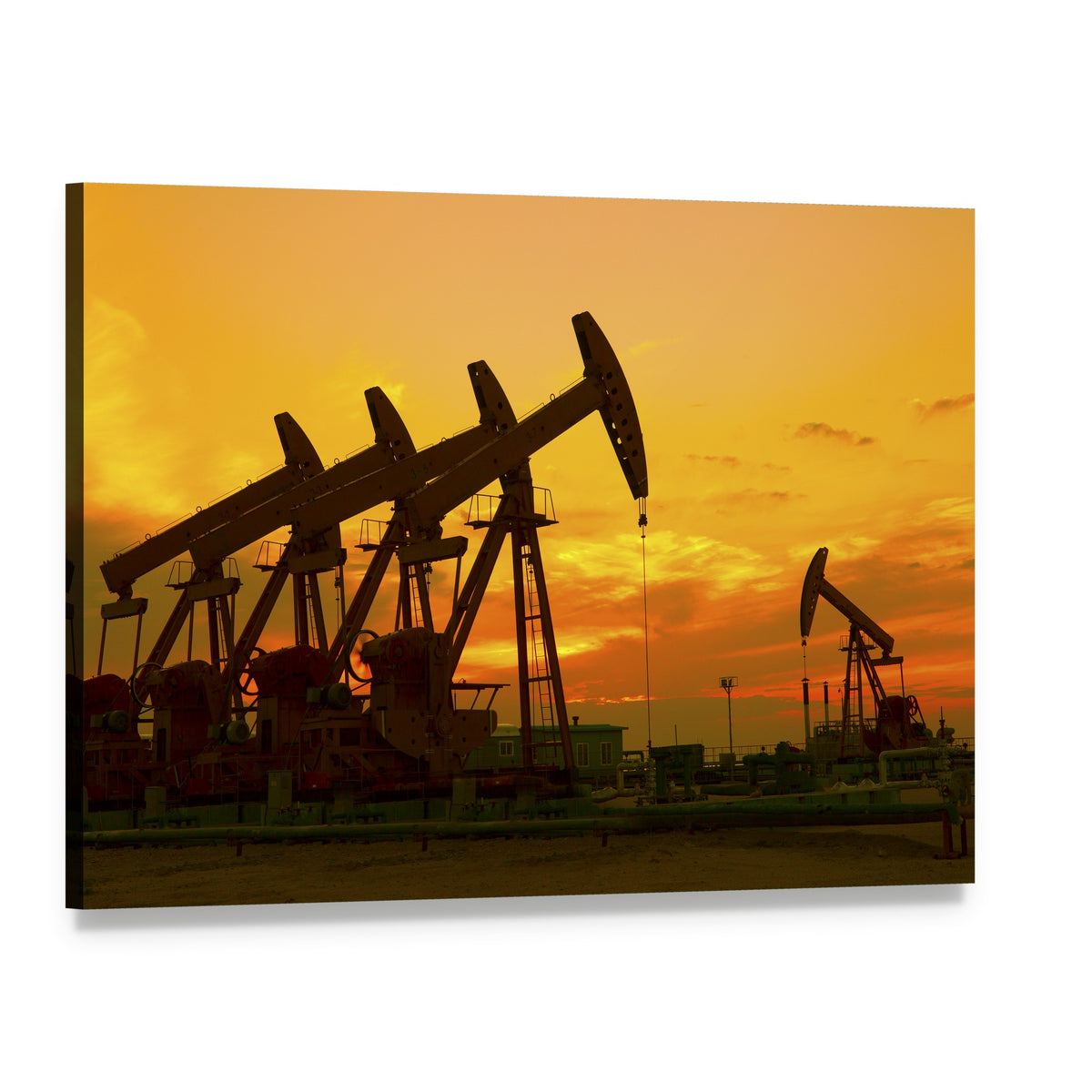 Oil Pumpjacks at Orange Sunset Canvas Wall Art, single panel gallery wrapped canvas, angled product view
