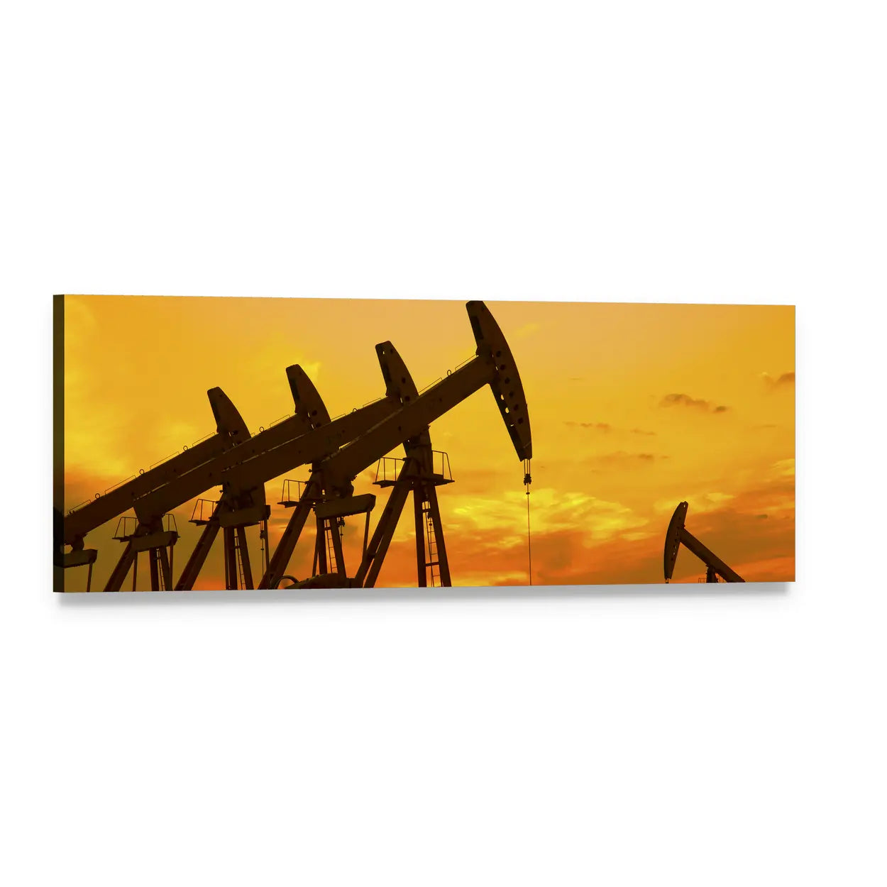 Pump Jacks at Golden Sunset Panoramic Canvas Wall Art, single panel gallery wrapped canvas, angled product view