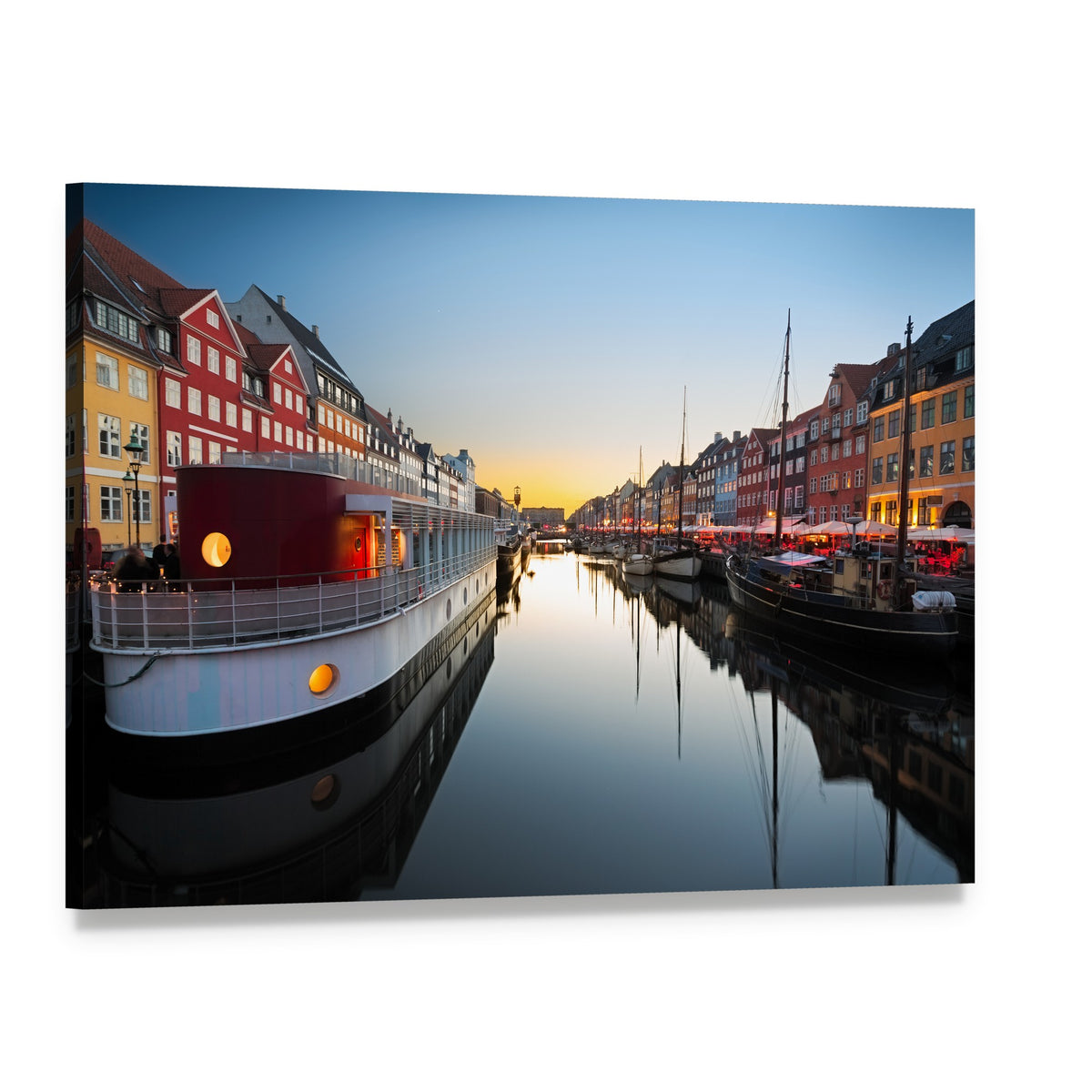 Boats in Nyhavn at Sunset Canvas Wall Art, single panel gallery wrapped canvas, angled product view