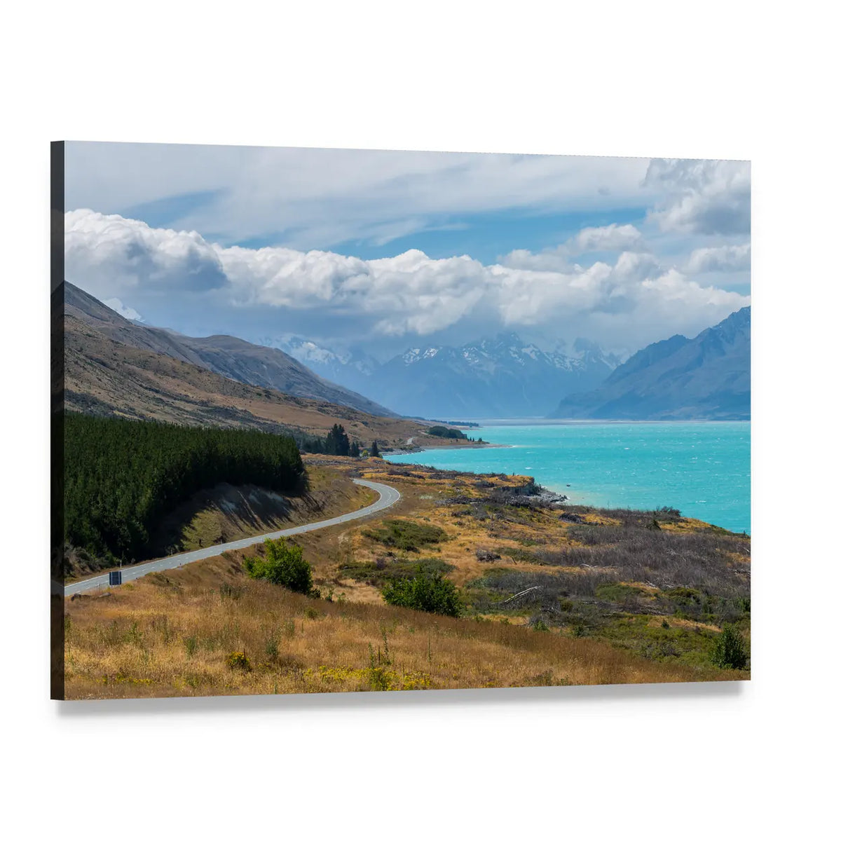 Asphalt Road Along Turquoise Lake Canvas Wall Art, single panel gallery wrapped canvas, angled product view