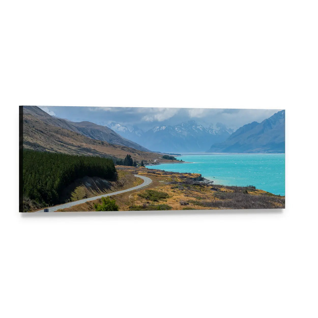 Winding Asphalt Road Along Turquoise Lake Panoramic Canvas Wall Art, single panel gallery wrapped canvas, angled product view