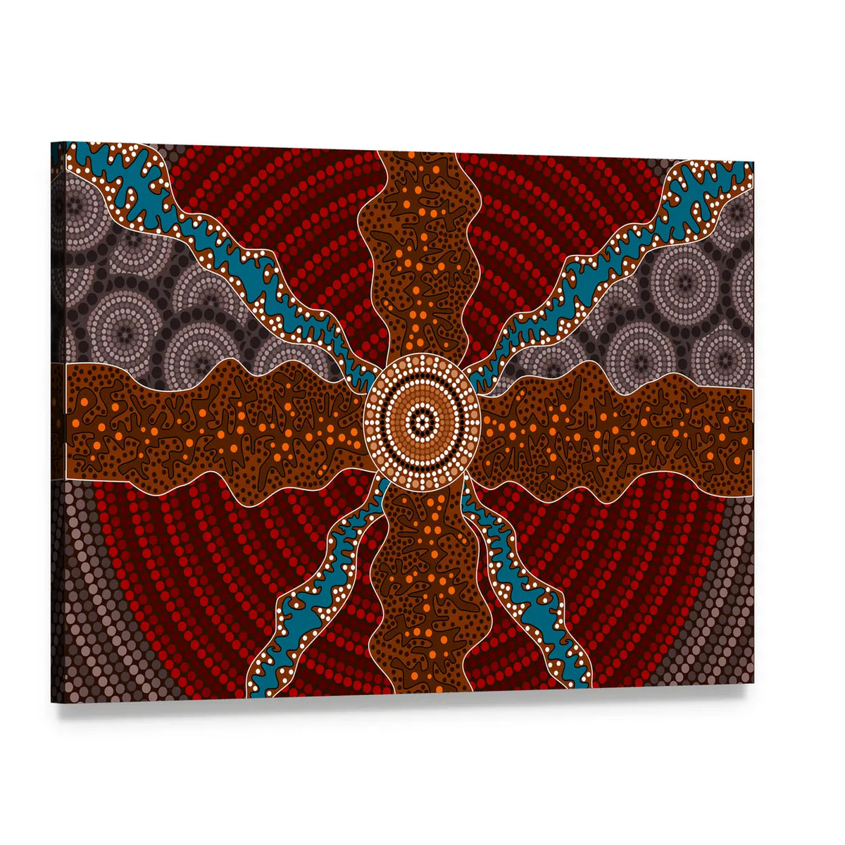 Aboriginal Dot Mandala Canvas Wall Art, single panel gallery wrapped canvas, angled product view