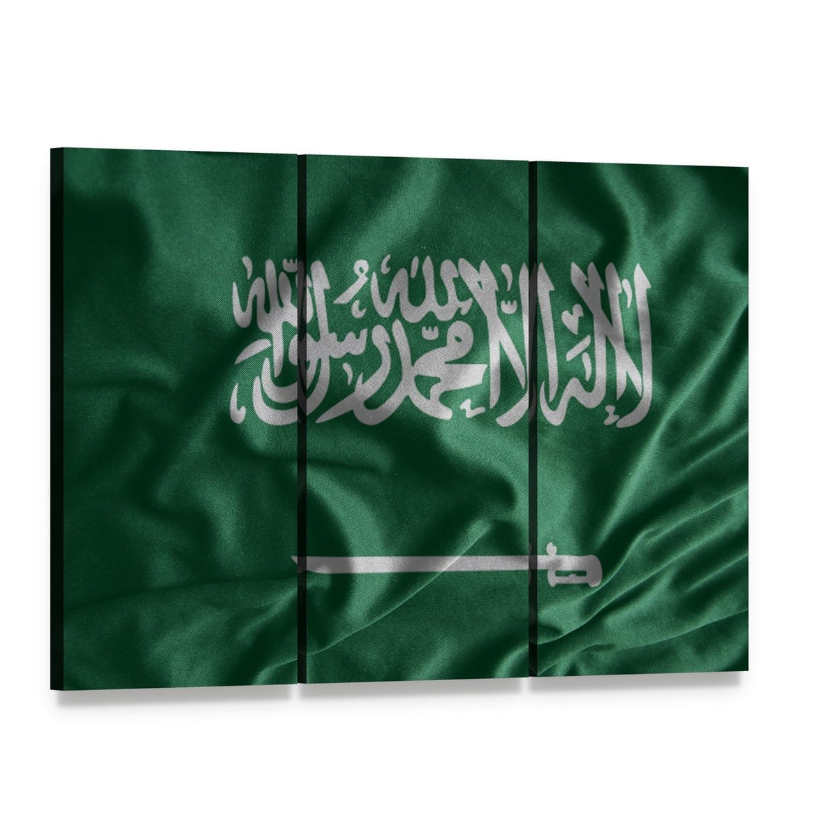Saudi Arabian Flag Canvas Wall Art, 3 panel 3 Horizontal layout gallery wrapped canvas set, angled product view