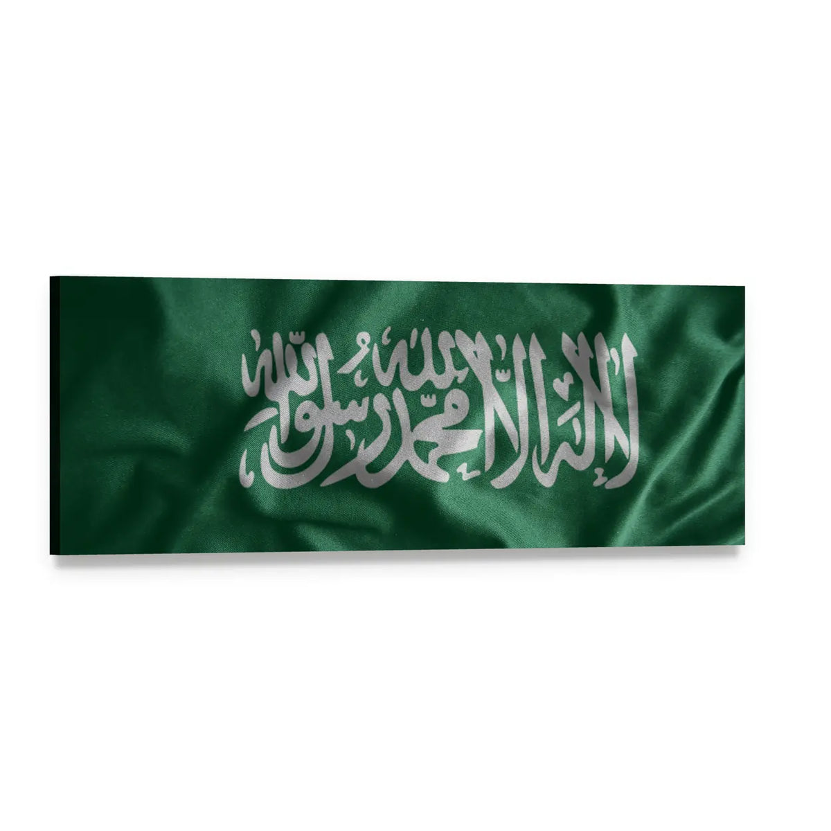 Saudi Arabia Flag with Silver Calligraphy Panoramic Canvas Wall Art, single panel gallery wrapped canvas, angled product view