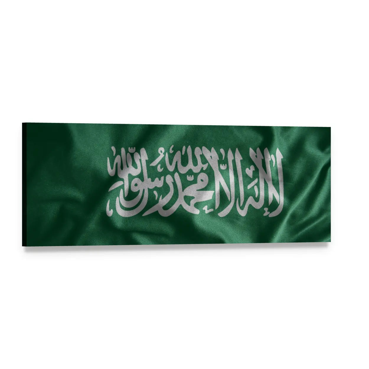 Saudi Arabia Flag with Silver Calligraphy Panoramic Canvas Wall Art, single panel gallery wrapped canvas, angled product view