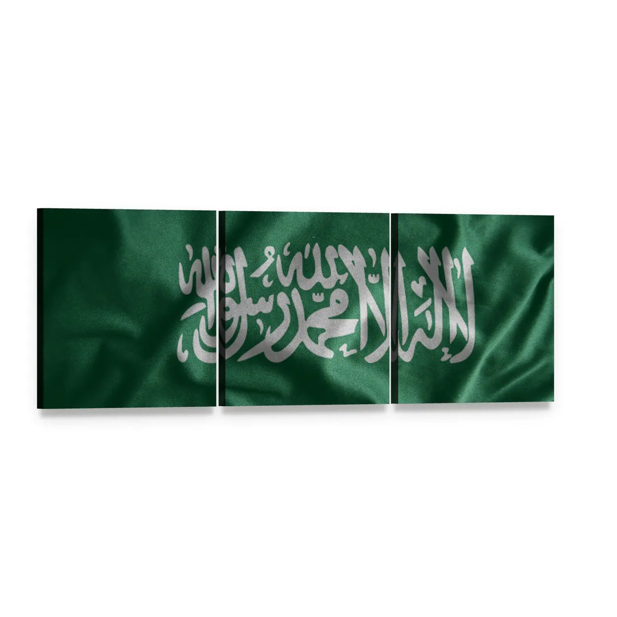 Saudi Arabia Flag with Silver Calligraphy Panoramic Canvas Wall Art, 3 panel 3 Piece layout gallery wrapped canvas set, angled product view