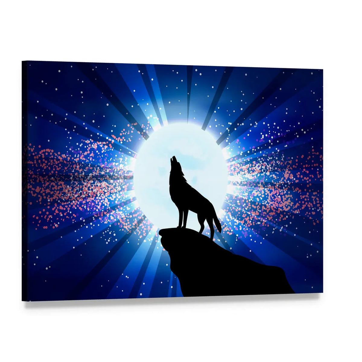 Wolf Howling at the Moon Canvas Wall Art, single panel gallery wrapped canvas, angled product view