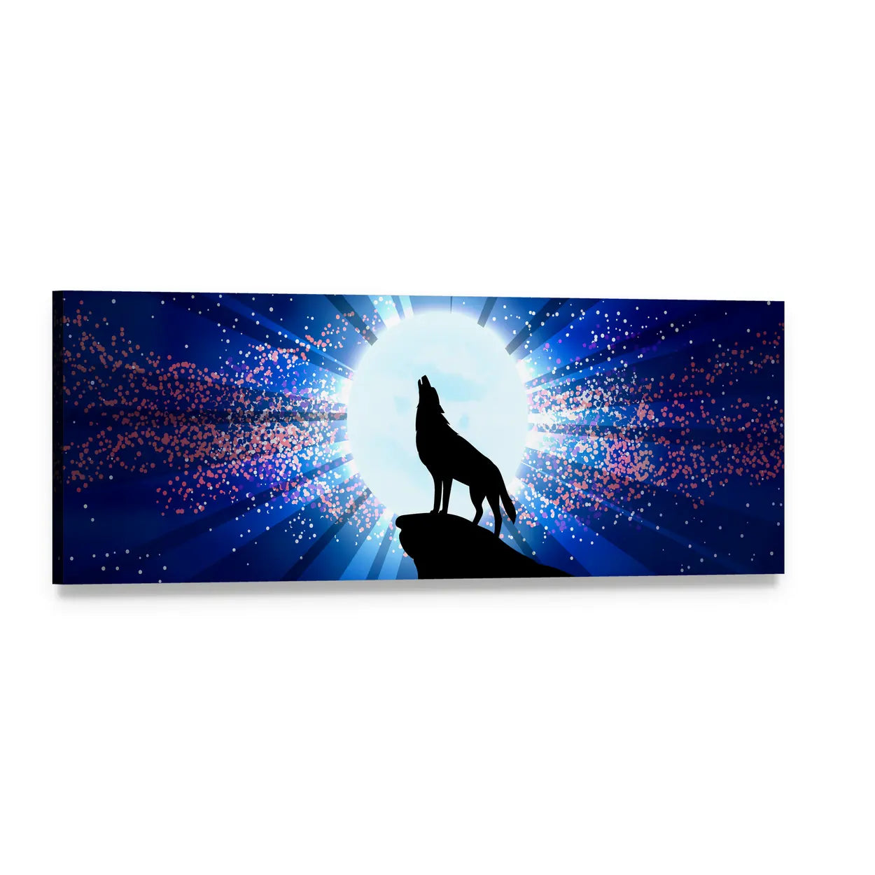 Howling Wolf Under Full Moon Panoramic Canvas Wall Art, single panel gallery wrapped canvas, angled product view