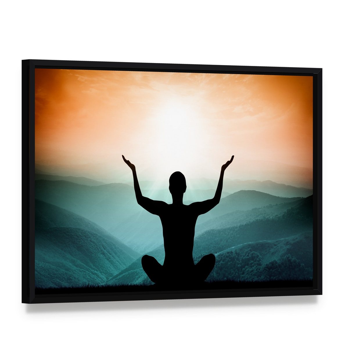 Yoga and Meditation Silhouette Canvas Wall Art, framed canvas in a black floater frame, angled product view