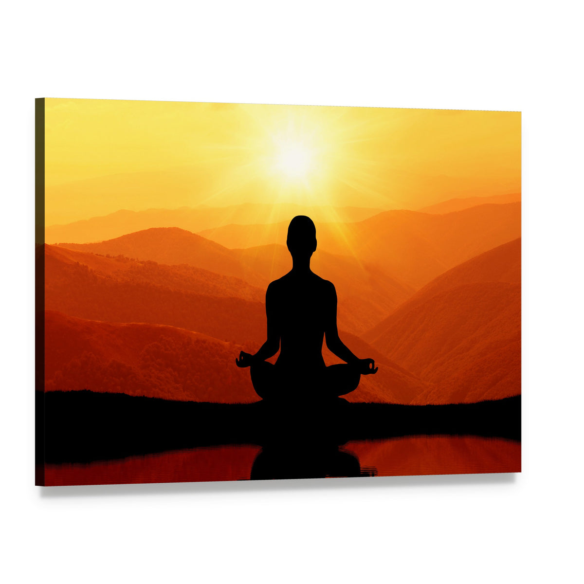 Meditating Man Silhouette at Sunset Canvas Wall Art, single panel gallery wrapped canvas, angled product view