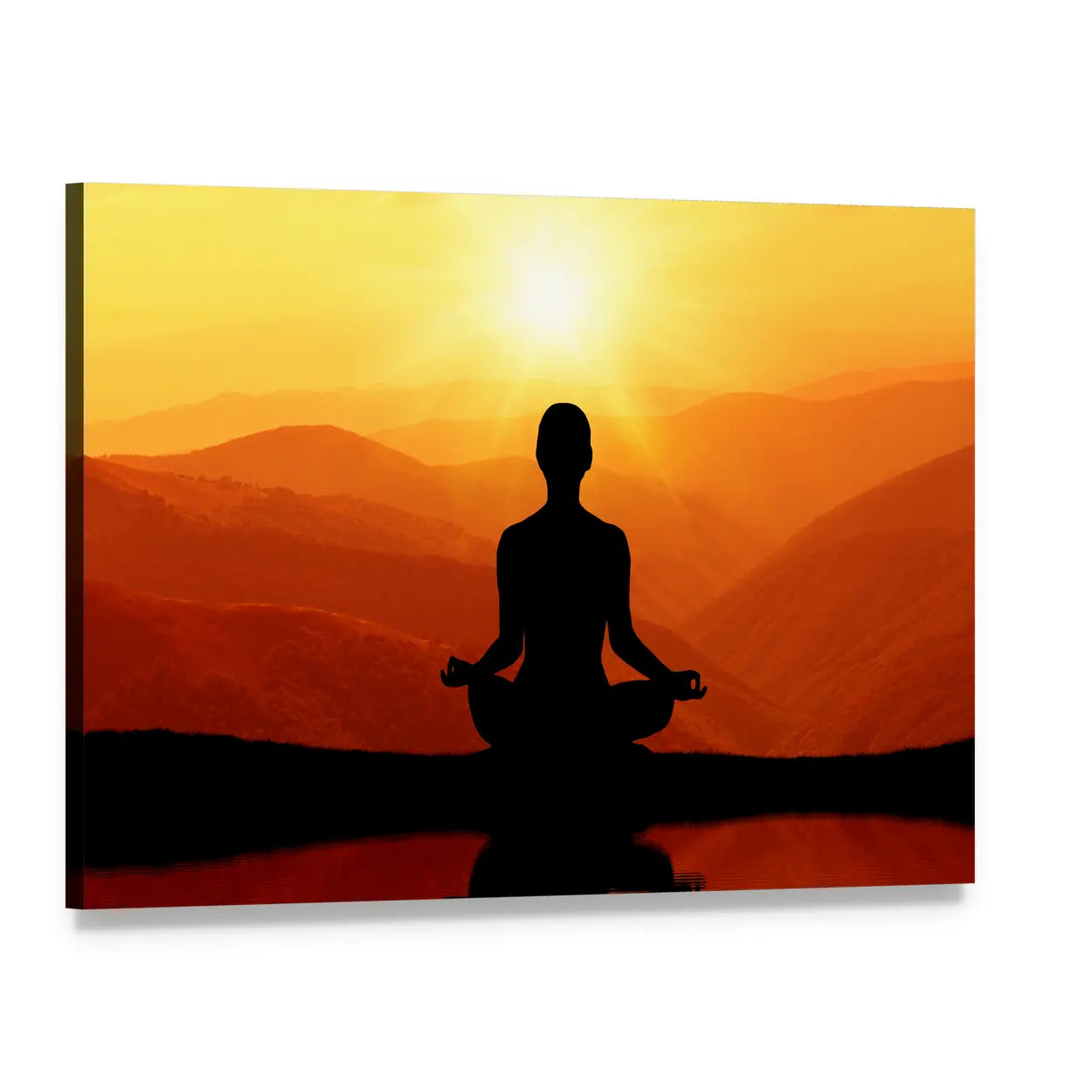Meditating Silhouette with Rising Sun Canvas Wall Art, single panel gallery wrapped canvas, angled product view