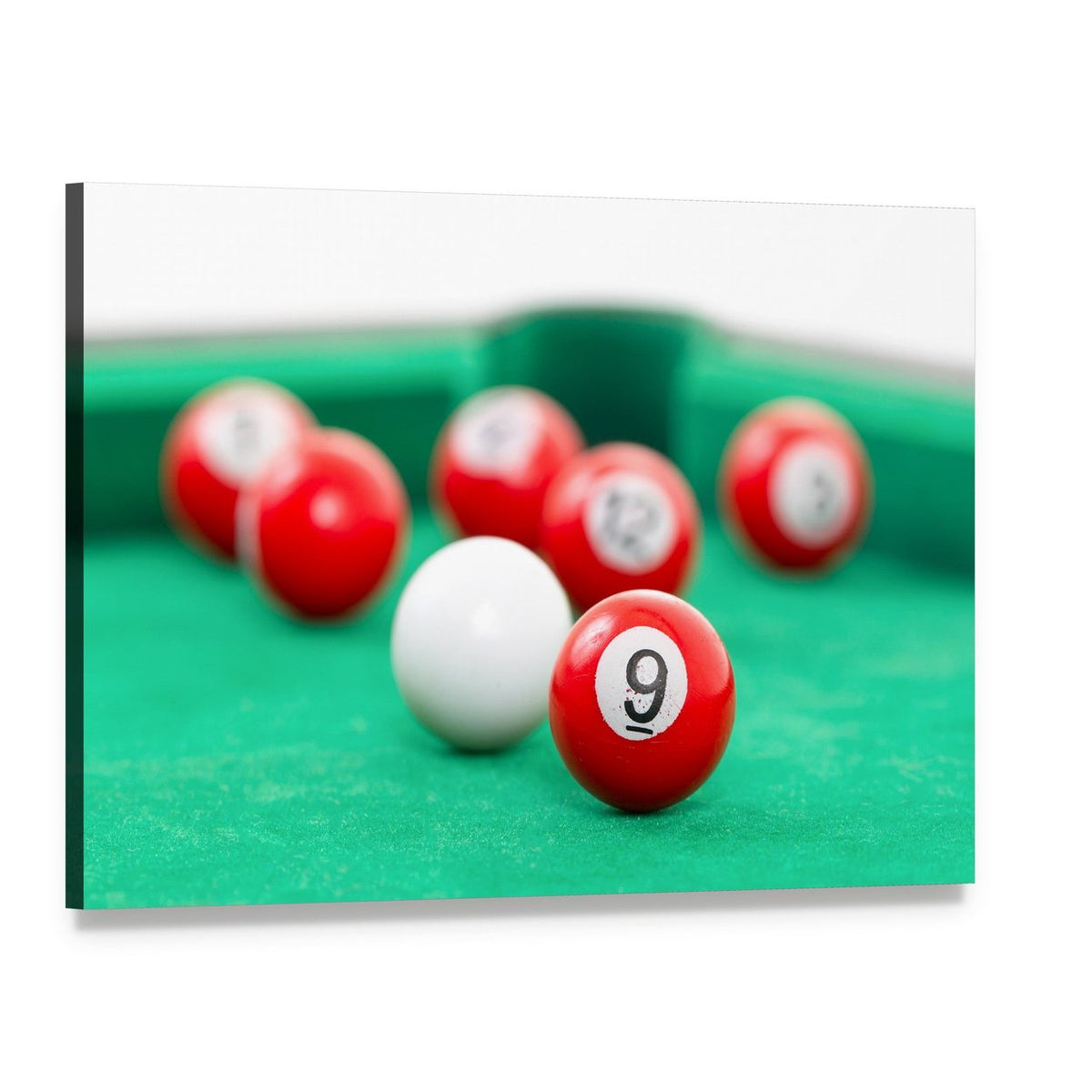 Snooker Balls on a Green Table Canvas Wall Art, single panel gallery wrapped canvas, angled product view