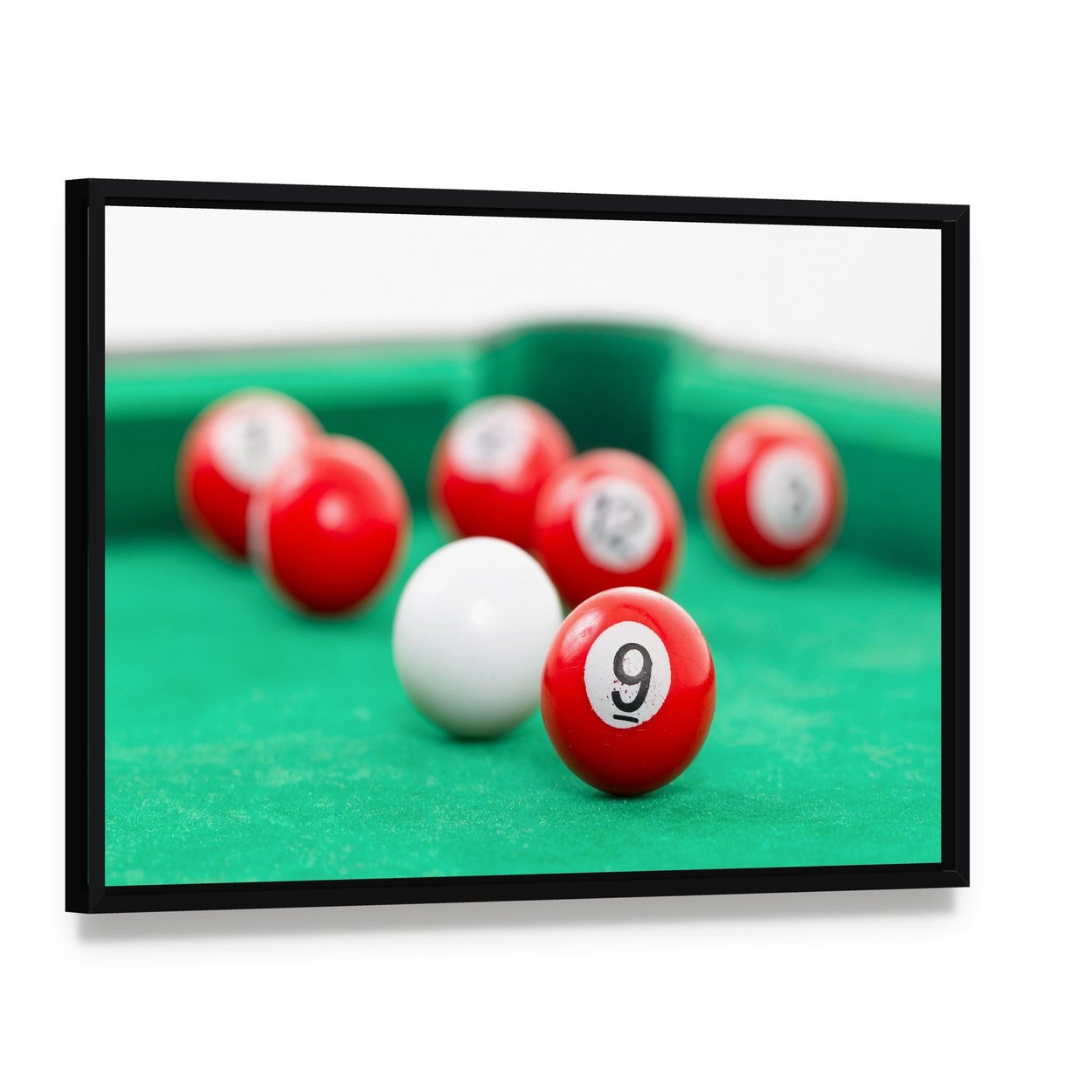Snooker Balls on a Green Table Canvas Wall Art, framed canvas in a black floater frame, angled product view