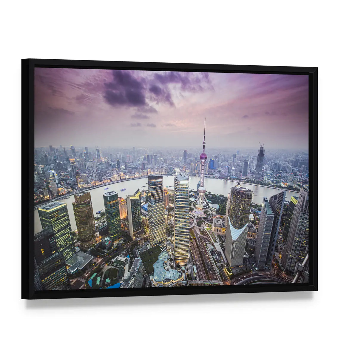 Pudong Financial District In Shanghai Canvas Wall Art, framed canvas in a black floater frame, angled product view