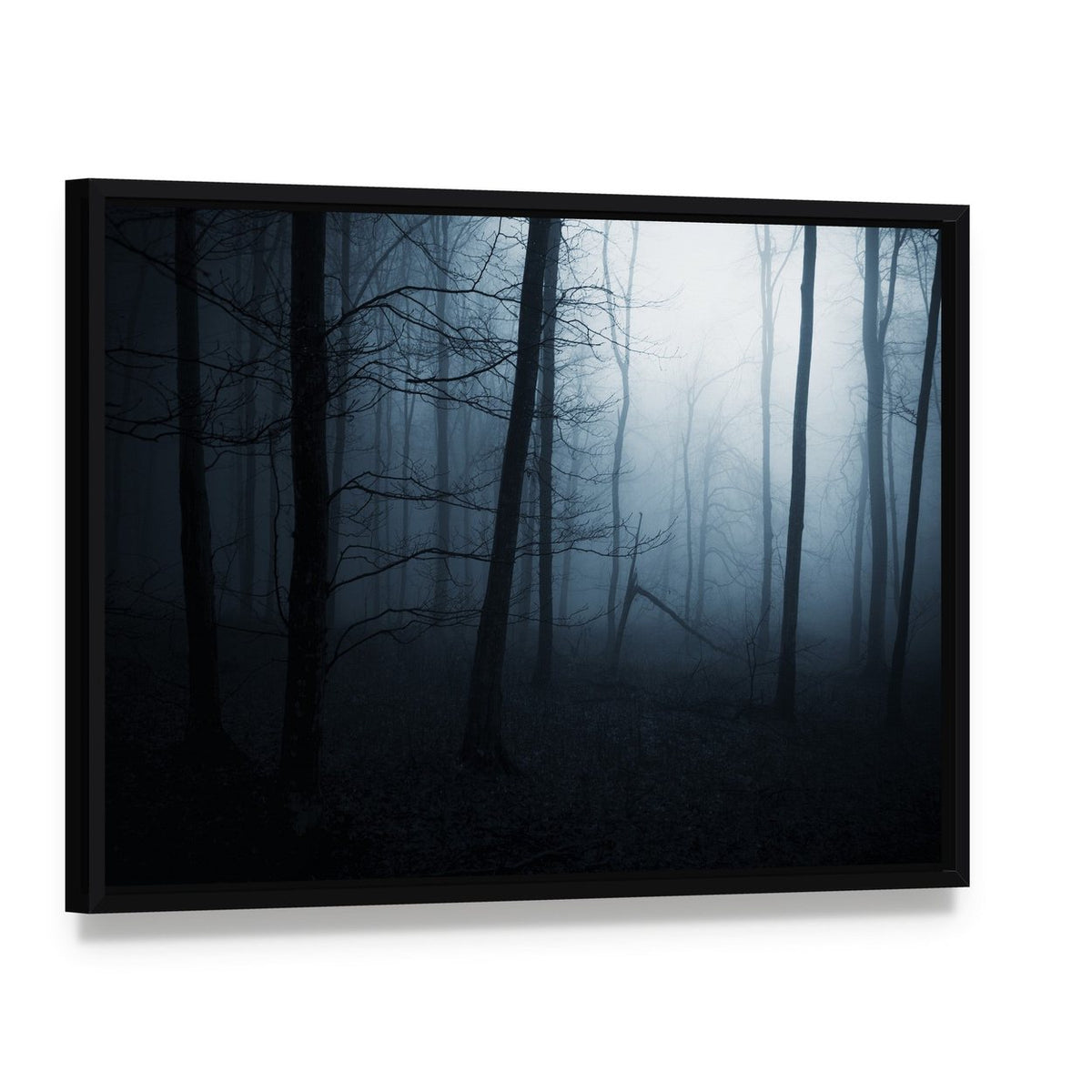Foggy Haunted Jungle Canvas Wall Art, framed canvas in a black floater frame, angled product view