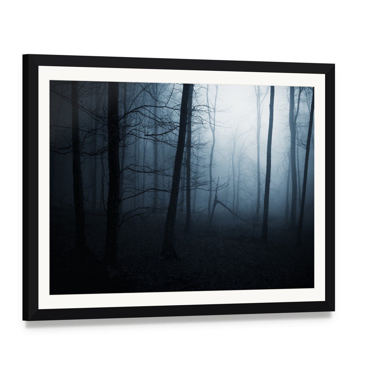 Foggy Haunted Jungle Canvas Wall Art, framed print with white mat and black frame, angled product view