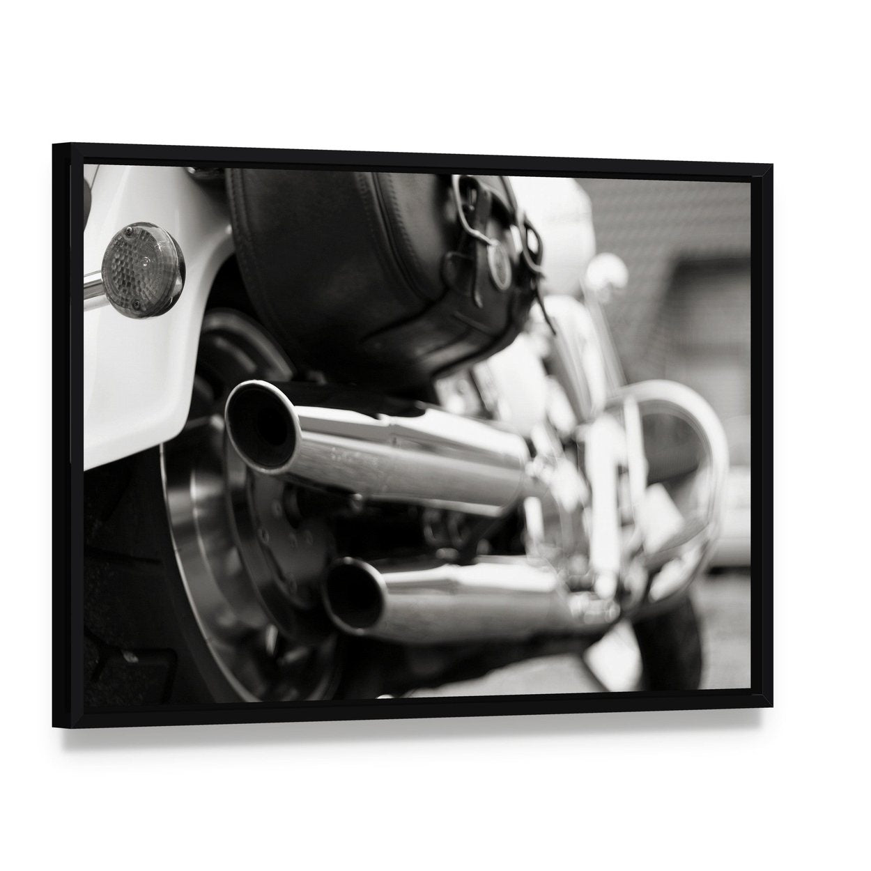 Motorcycle Exhaust Pipe Canvas Wall Art, framed canvas in a black floater frame, angled product view