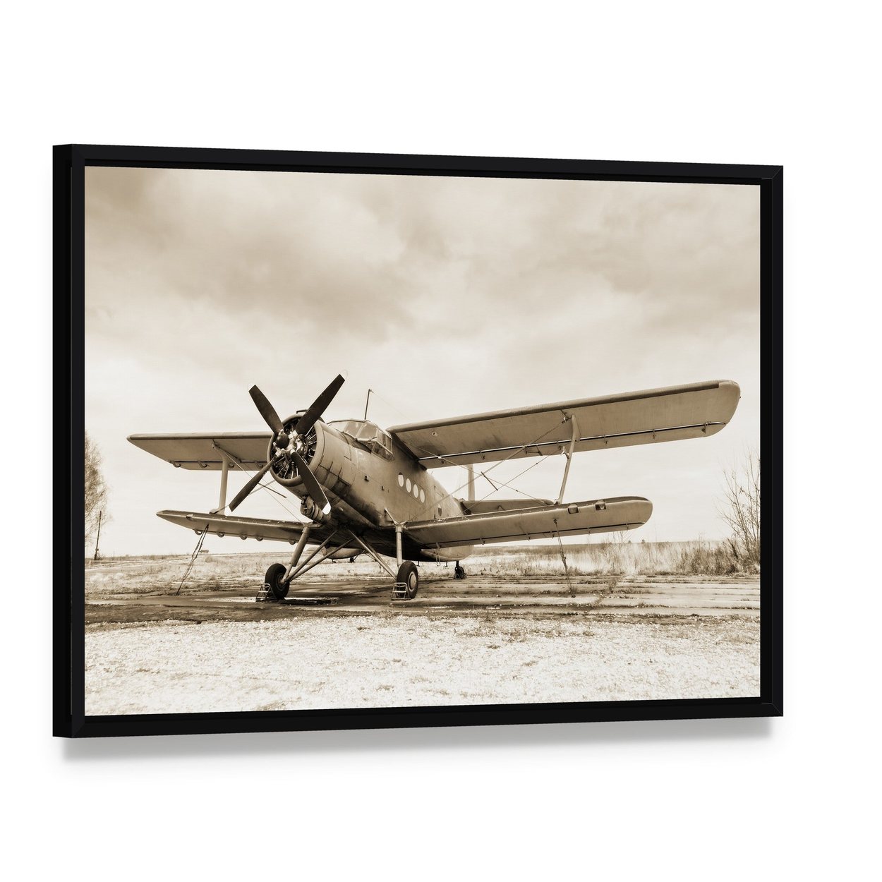 Vintage Biplane in Sepia Canvas Wall Art, framed canvas in a black floater frame, angled product view