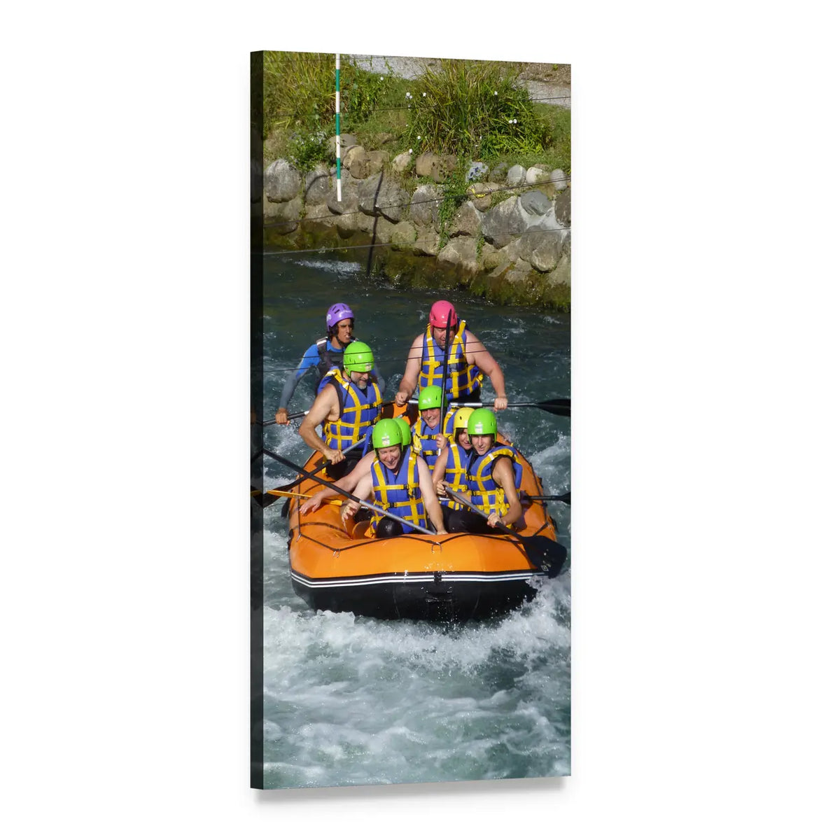 White Water Rafting Action Vertical Canvas Wall Art, 1 panel 1 Vertical layout gallery wrapped canvas set, angled product view