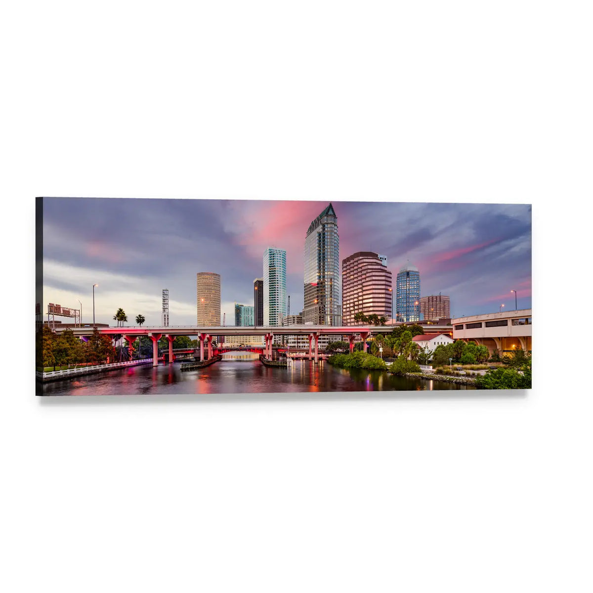 Tampa Skyline at Dusk Panoramic Canvas Wall Art, single panel gallery wrapped canvas, angled product view