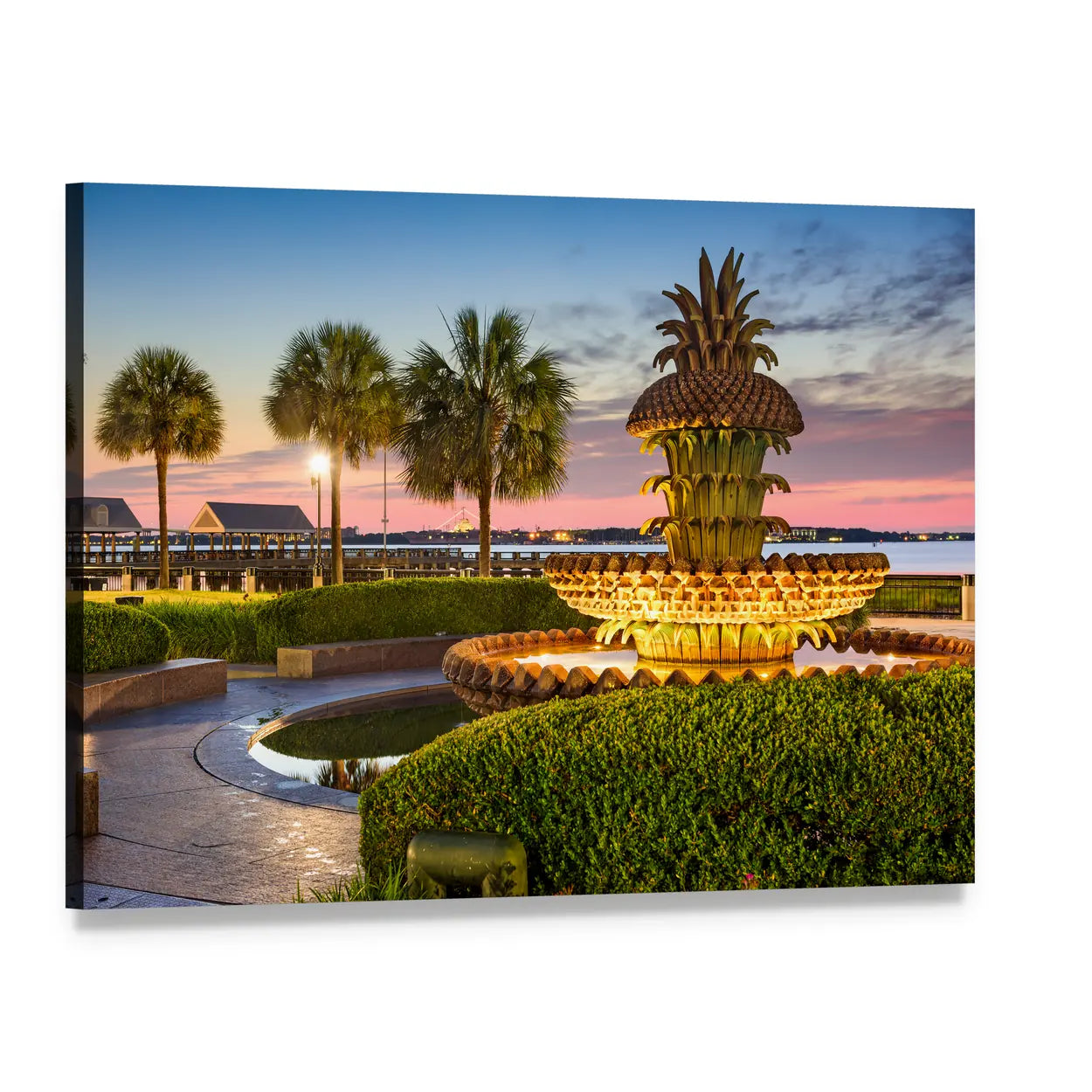 Joe Riley Waterfront Park Pineapple Fountain Sunset Canvas Wall Art, single panel gallery wrapped canvas, angled product view