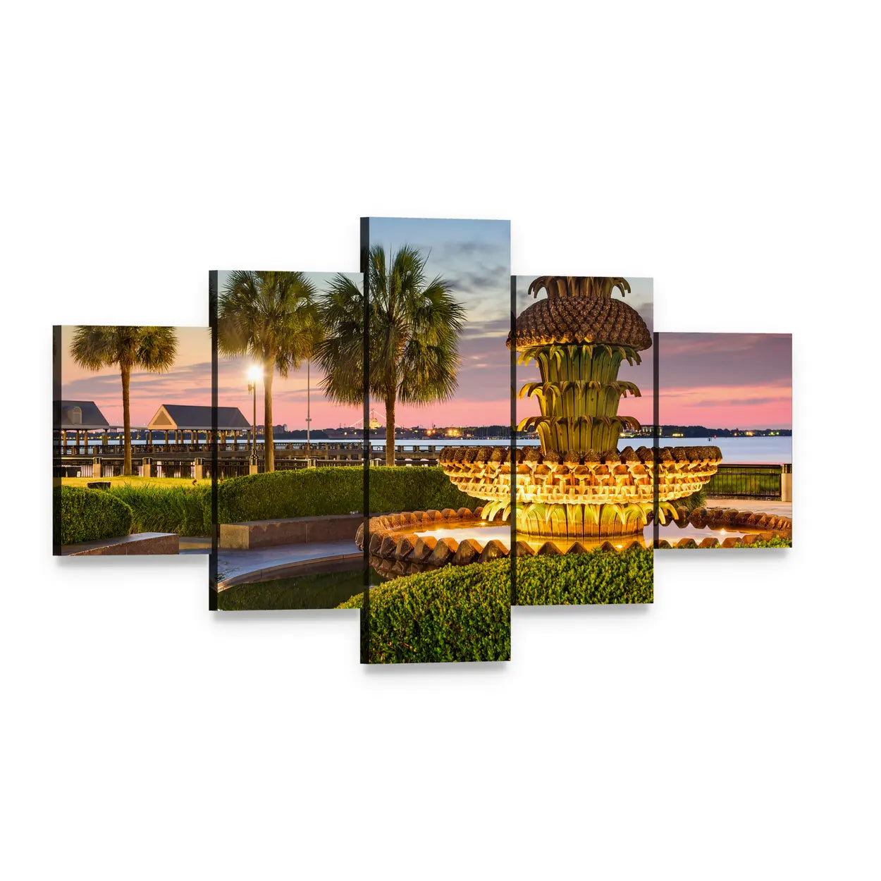 Joe Riley Waterfront Park Pineapple Fountain Sunset Canvas Wall Art, 5 panel 5 Star layout gallery wrapped canvas set, angled product view