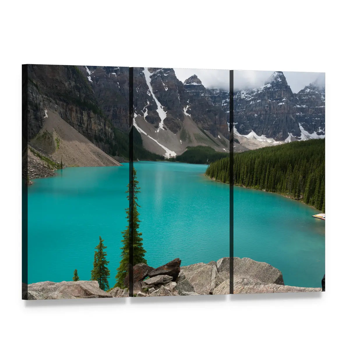 Loraine Lake Landscape Canvas Wall Art, 3 panel 3 Horizontal layout gallery wrapped canvas set, angled product view