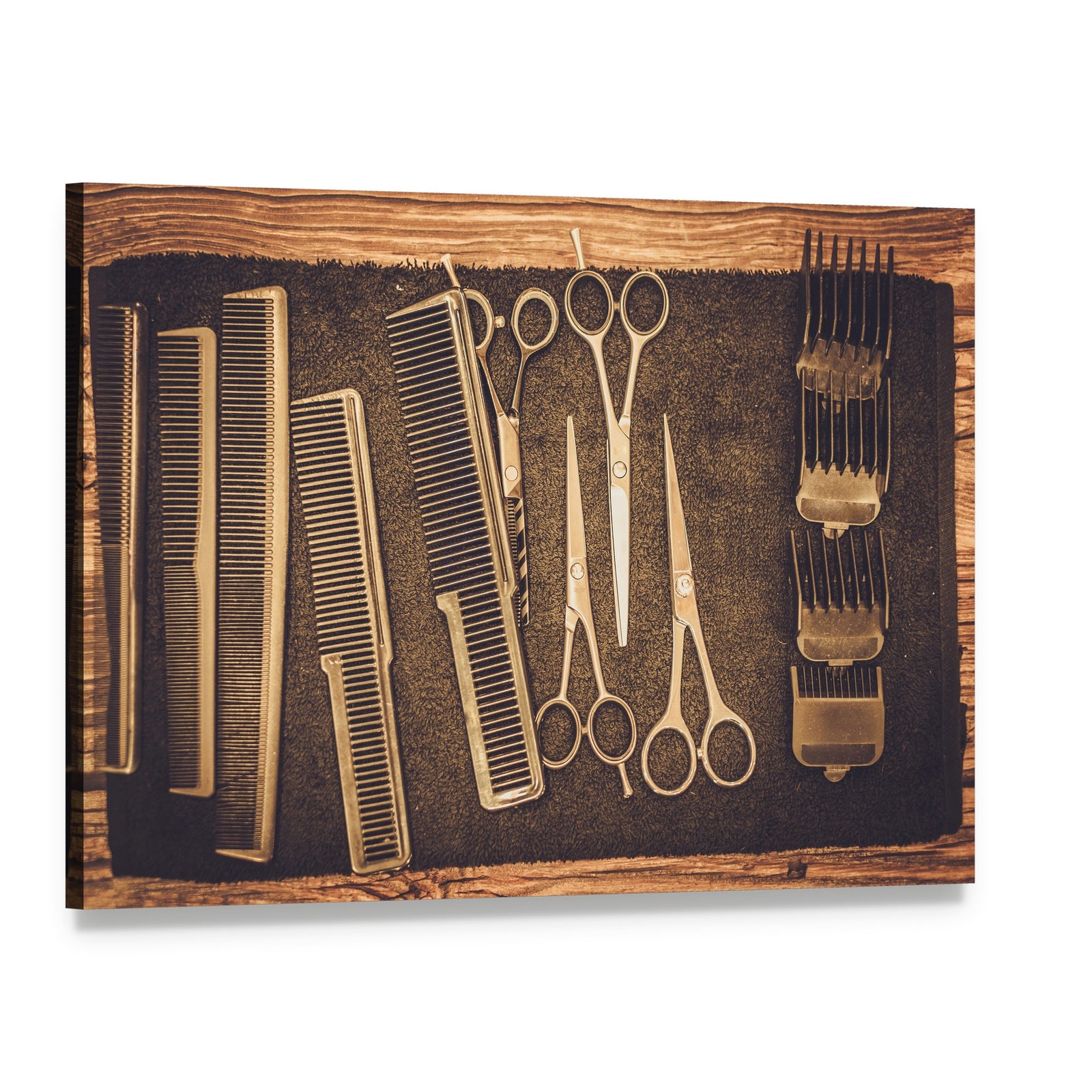 Vintage Hairdressing Tools Close-up Canvas Wall Art, single panel gallery wrapped canvas, angled product view