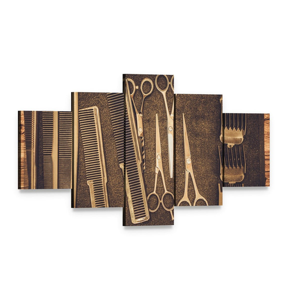 Vintage Hairdressing Tools Close-up Canvas Wall Art, 5 panel 5 Star layout gallery wrapped canvas set, angled product view