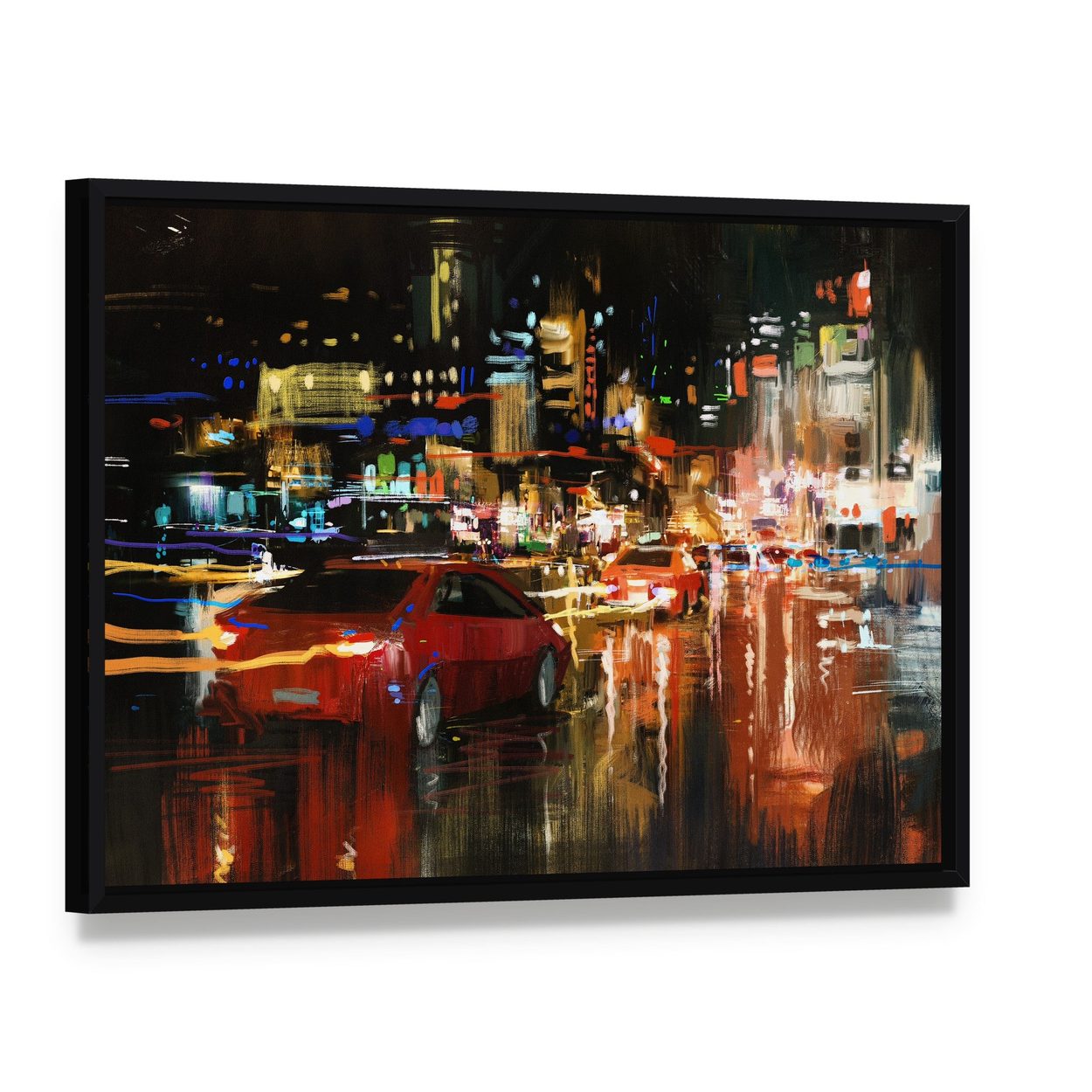 Street at Night Canvas Wall Art, framed canvas in a black floater frame, angled product view