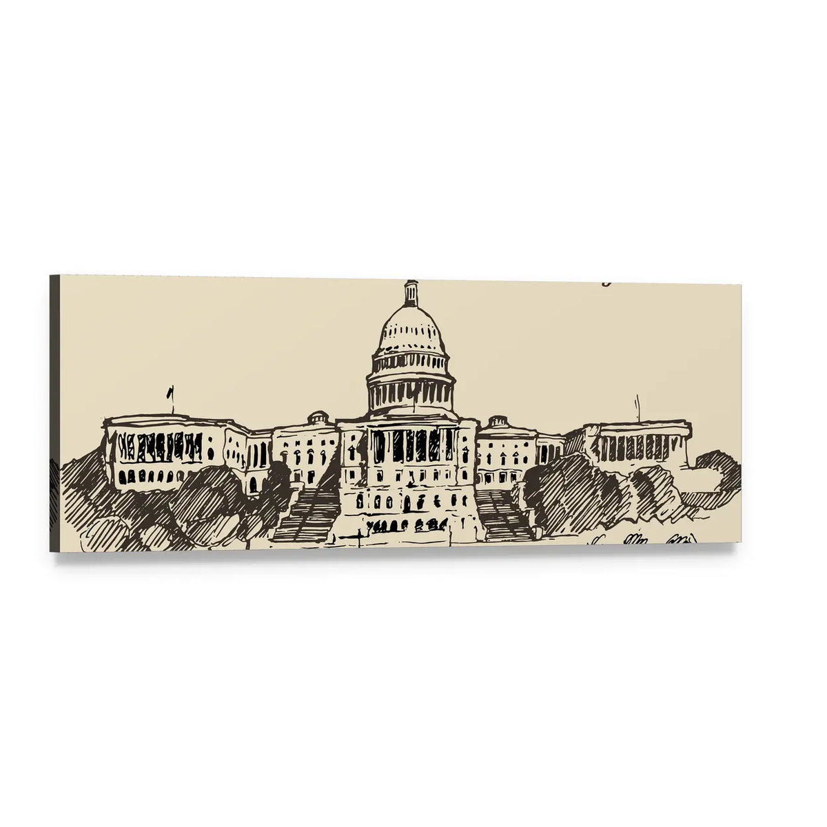 Us Capitol Line Sketch Panoramic Canvas Wall Art, single panel gallery wrapped canvas, angled product view
