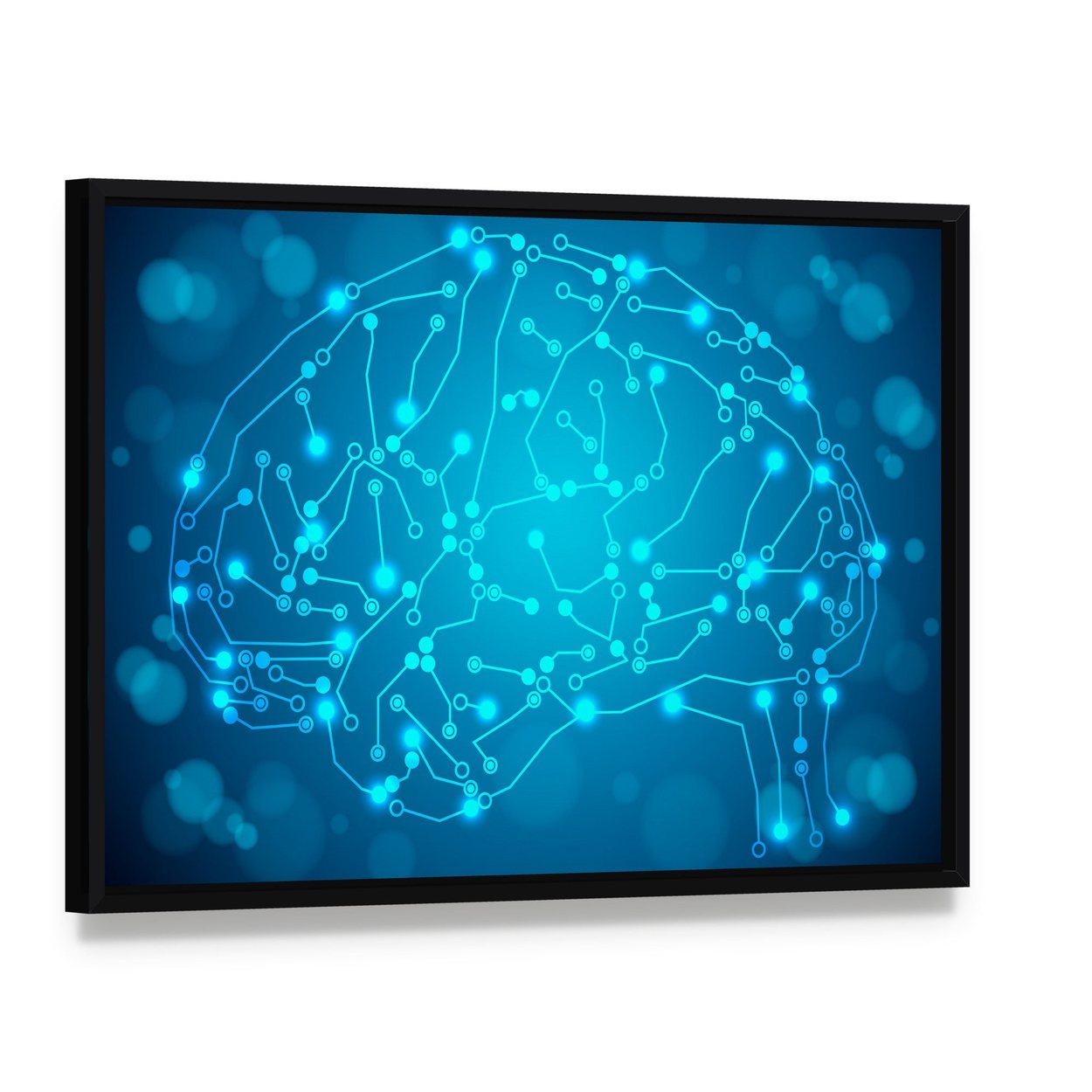 Brain with Circuit Board Canvas Wall Art, framed canvas in a black floater frame, angled product view